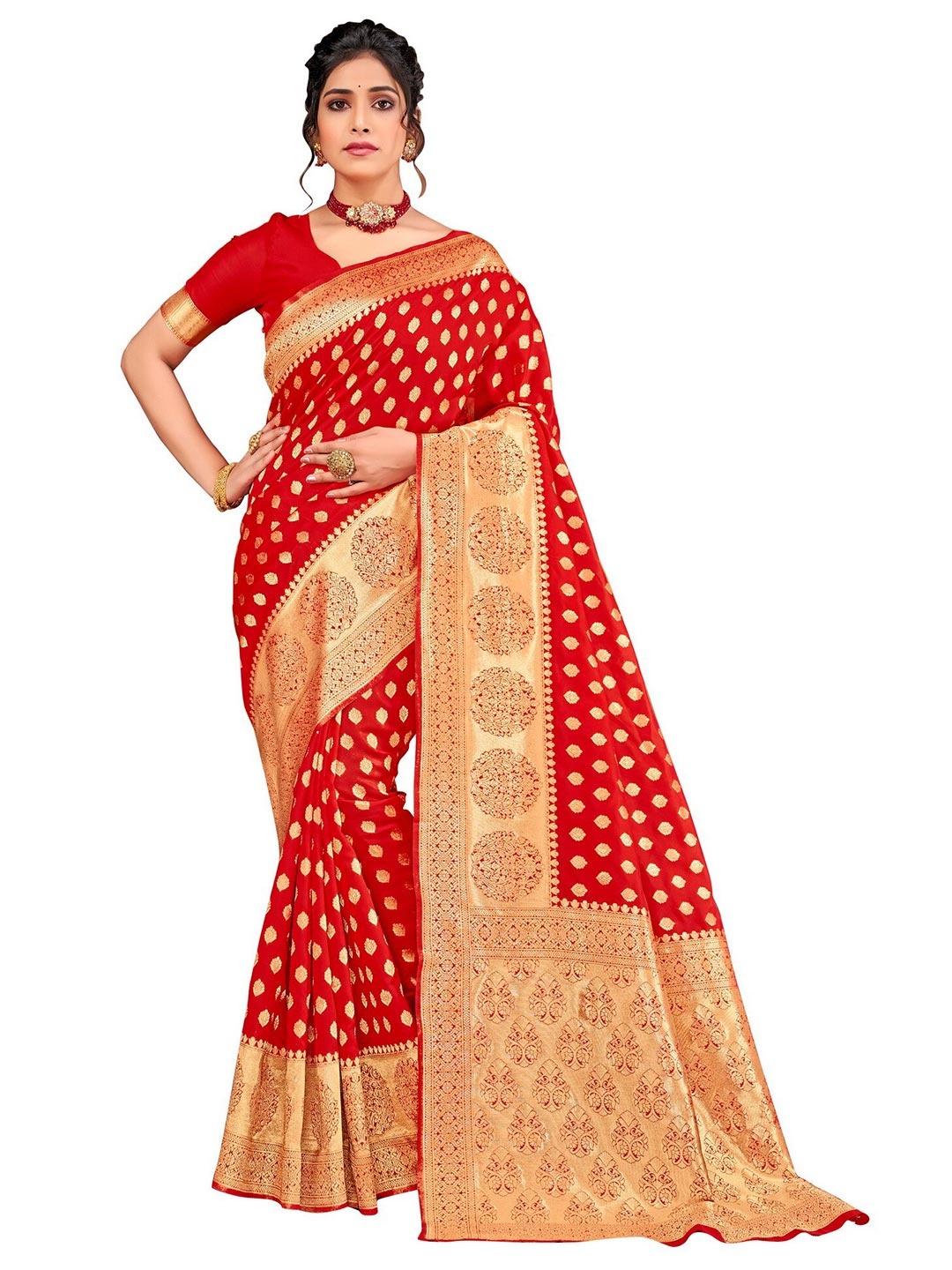 

SARIYA Red & Gold-Toned Floral Zari Silk Blend Banarasi Saree