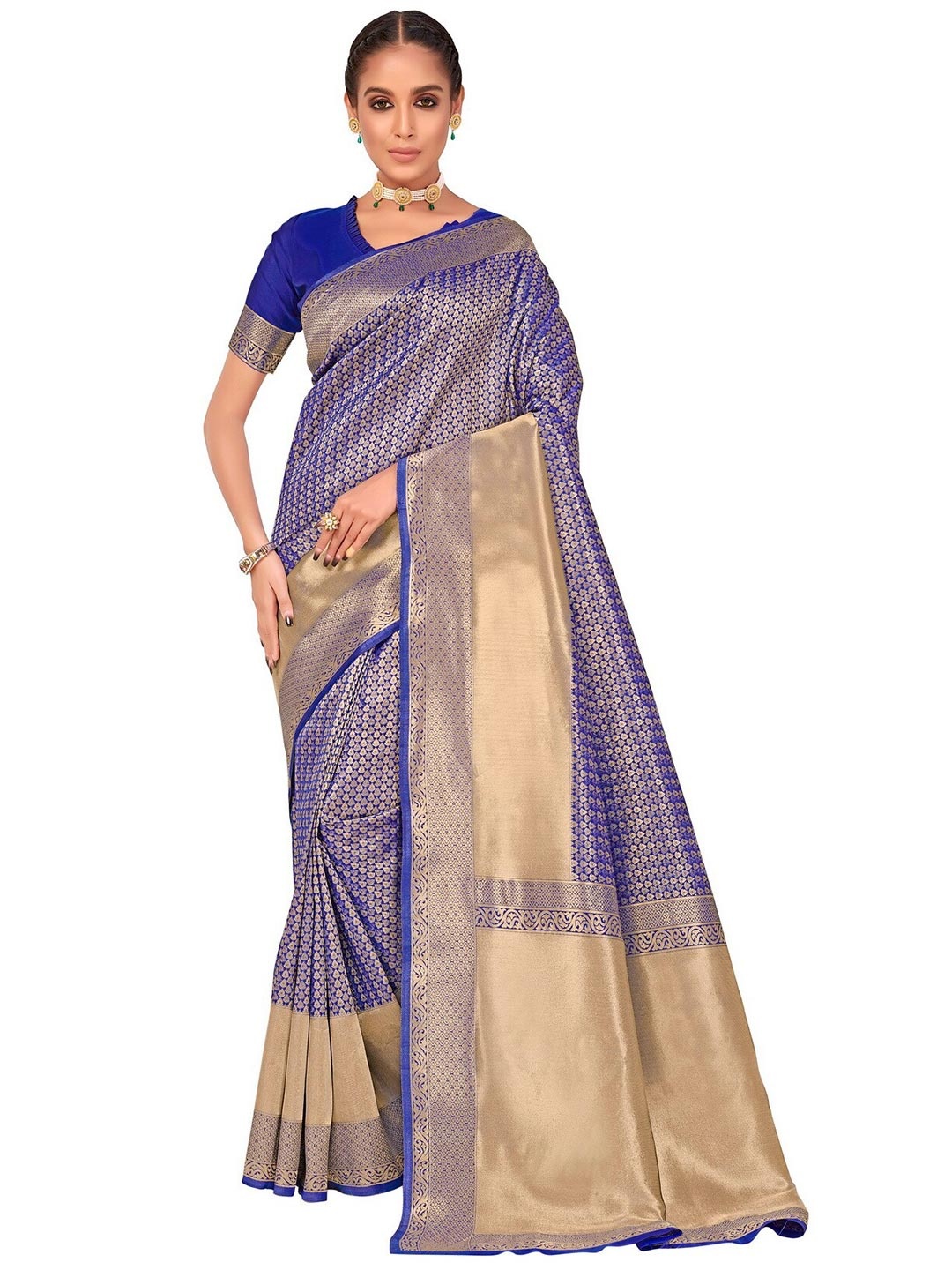 

SARIYA Blue & Gold-Toned Ethnic Motifs Zari Silk Blend Banarasi Saree