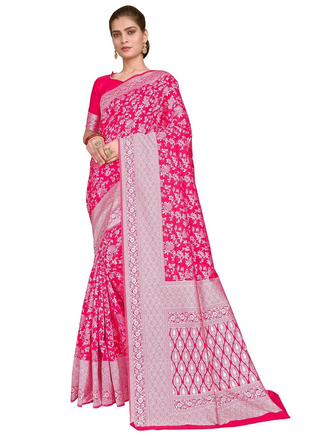 

SARIYA Pink & Silver-Toned Floral Zari Silk Blend Banarasi Saree