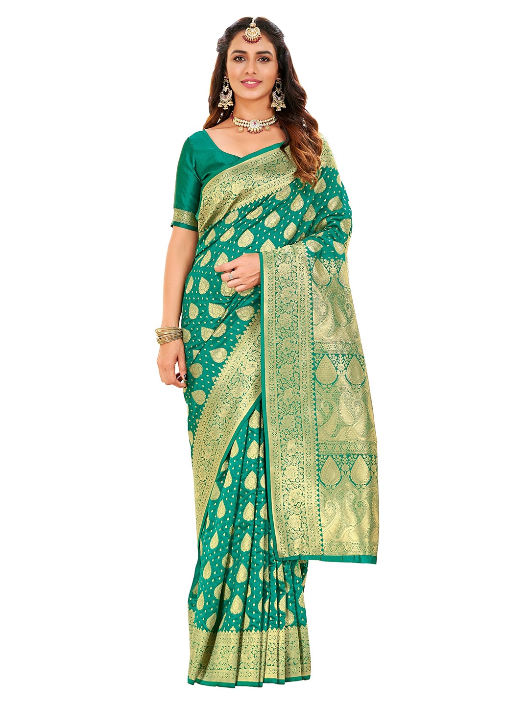 

SARIYA Teal & Gold-Toned Floral Zari Silk Blend Banarasi Saree