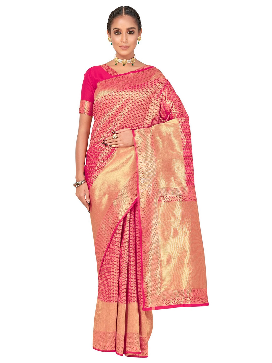 

SARIYA Pink & Gold-Toned Floral Zari Silk Blend Banarasi Saree