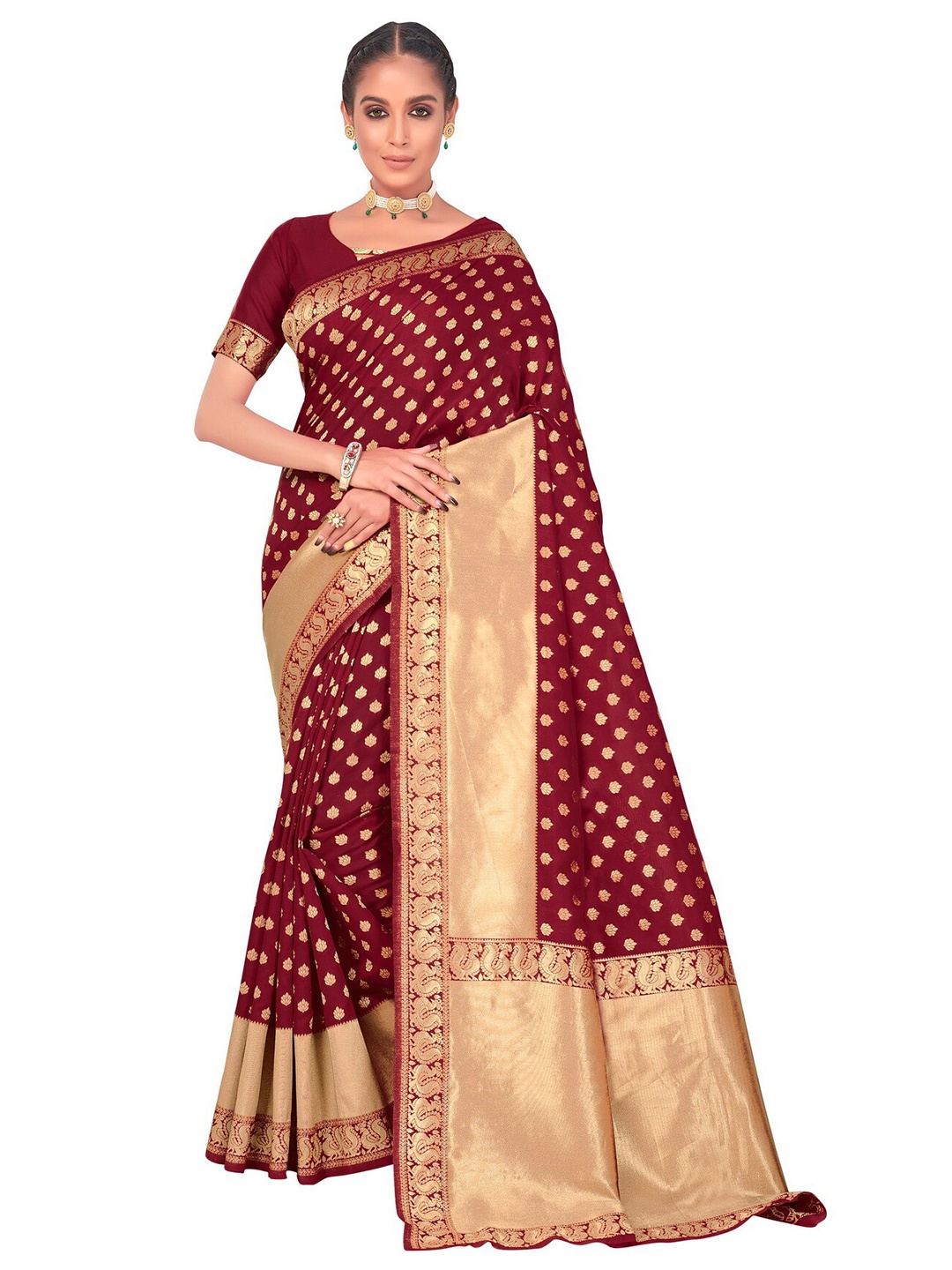 

SARIYA Maroon & Gold-Toned Ethnic Motifs Zari Silk Blend Banarasi Saree