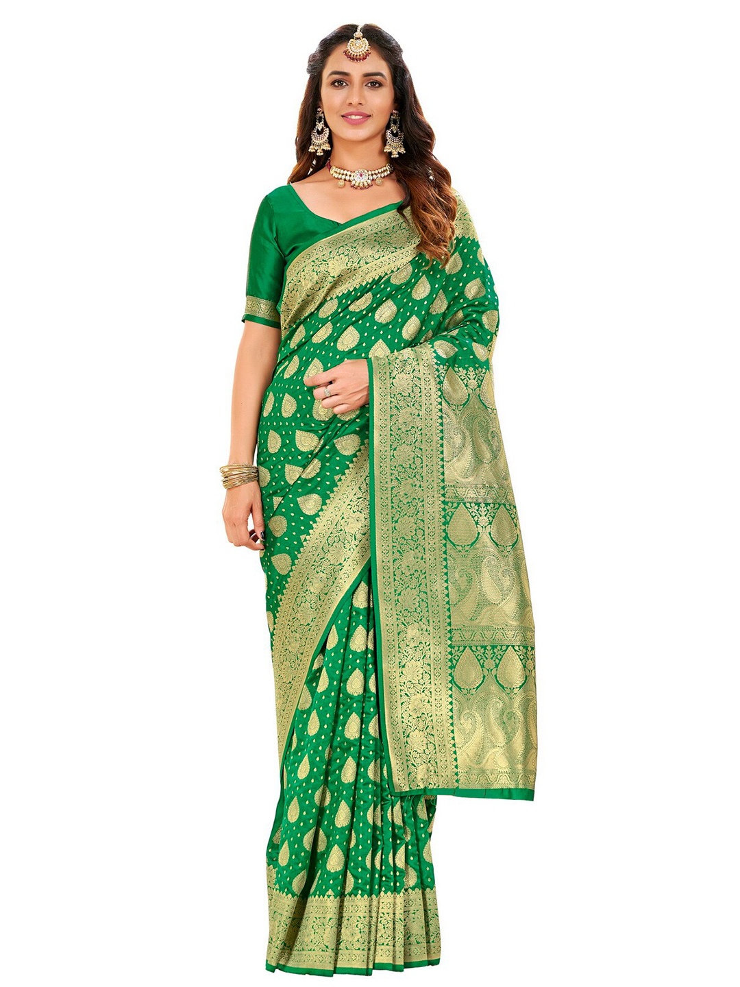

SARIYA Green & Gold-Toned Floral Zari Silk Blend Banarasi Saree