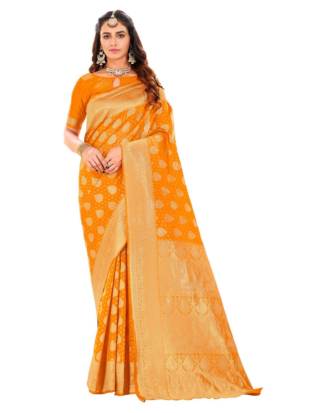 

SARIYA Mustard & Gold-Toned Floral Zari Silk Blend Banarasi Saree