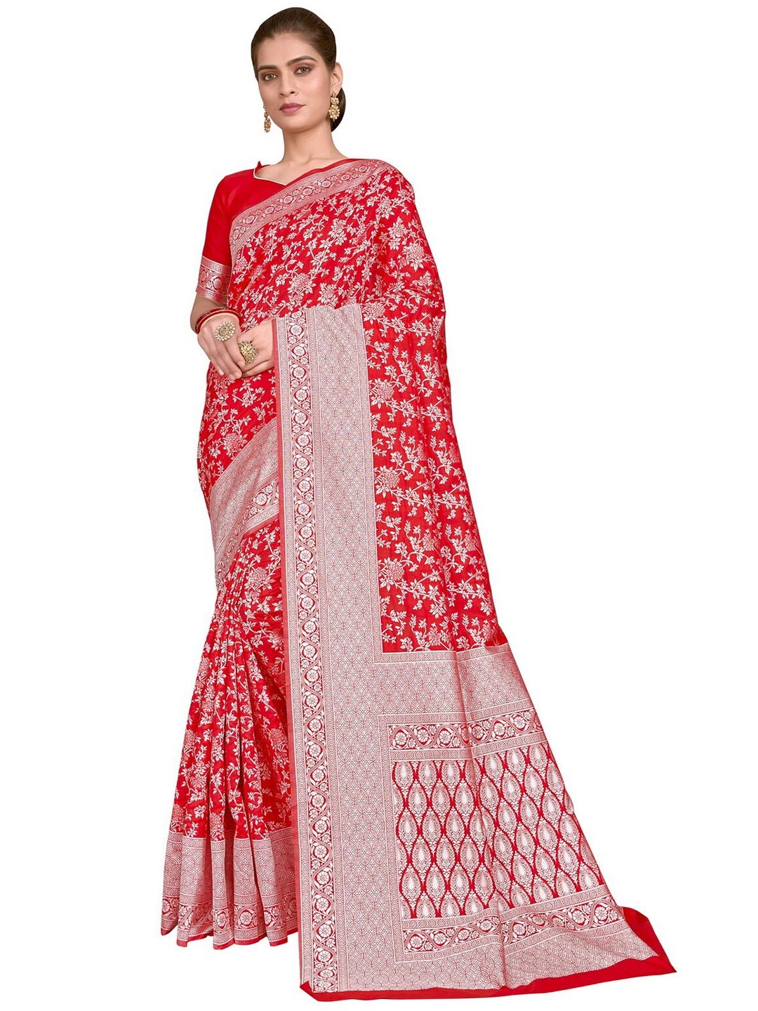 

SARIYA Red & Silver-Toned Floral Zari Silk Blend Banarasi Saree With Blouse Piece