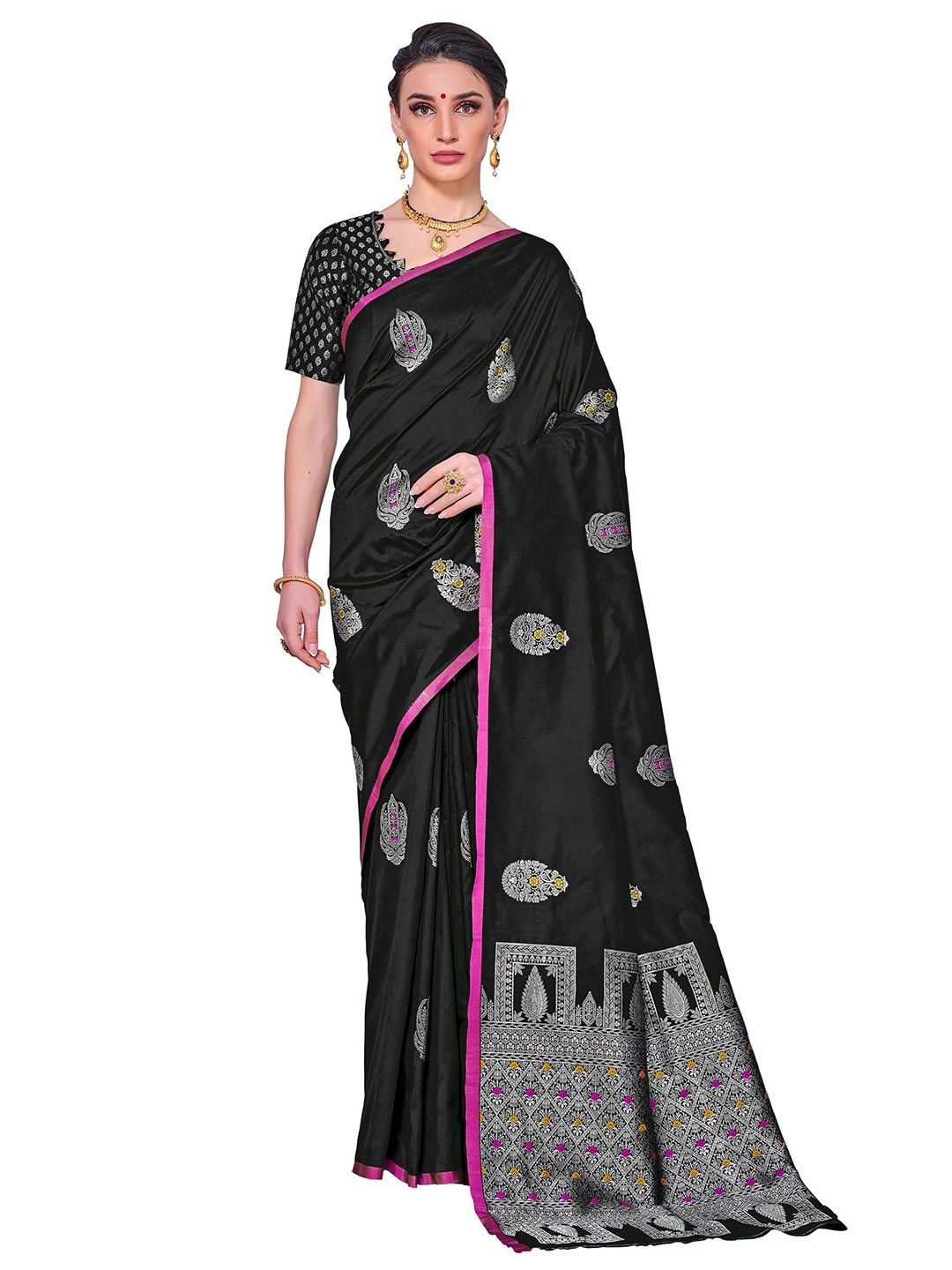 

SARIYA Black & Silver-Toned Floral Zari Silk Blend Banarasi Saree