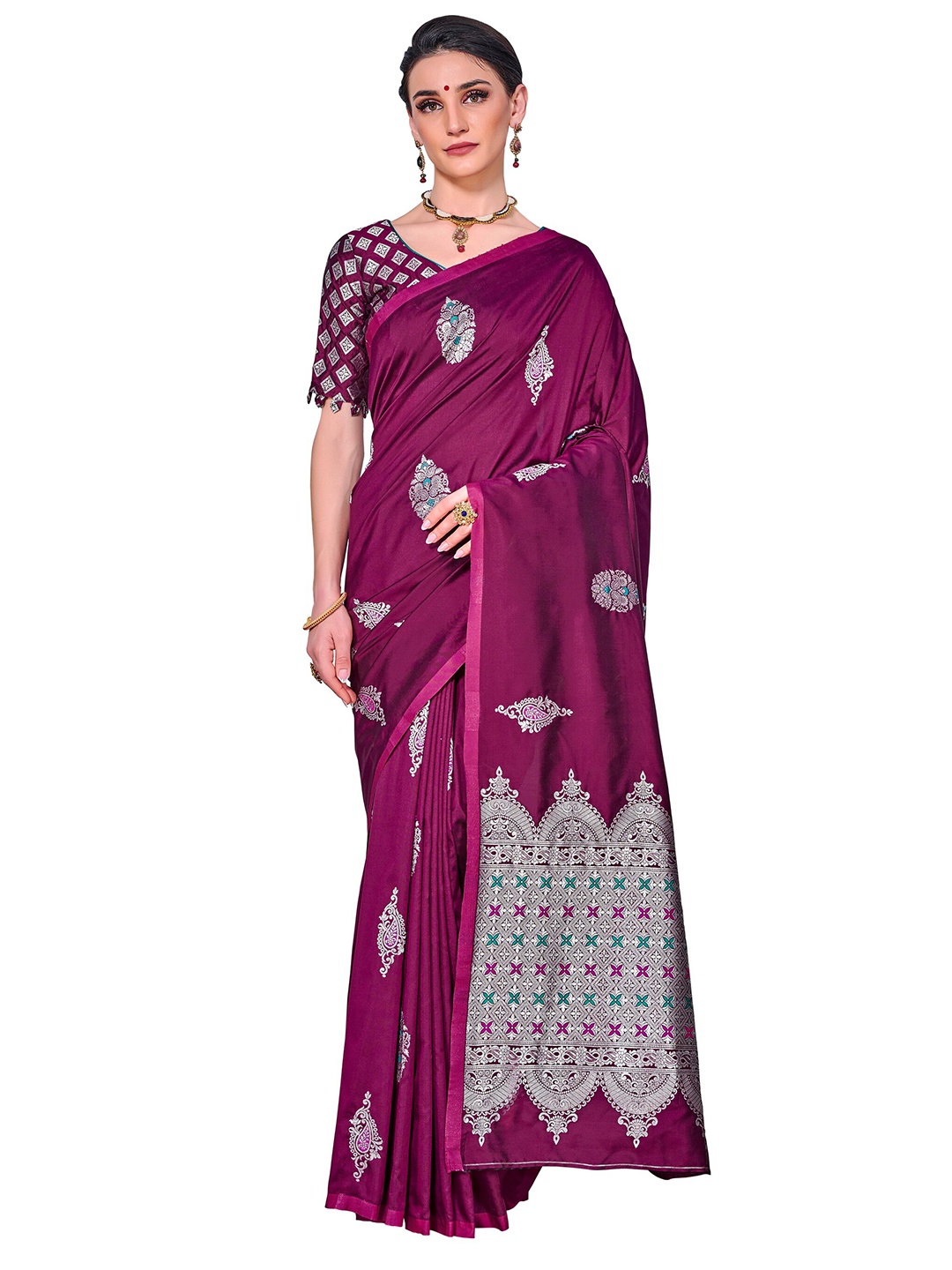 

SARIYA Purple & Silver-Toned Ethnic Motifs Zari Silk Blend Banarasi Saree