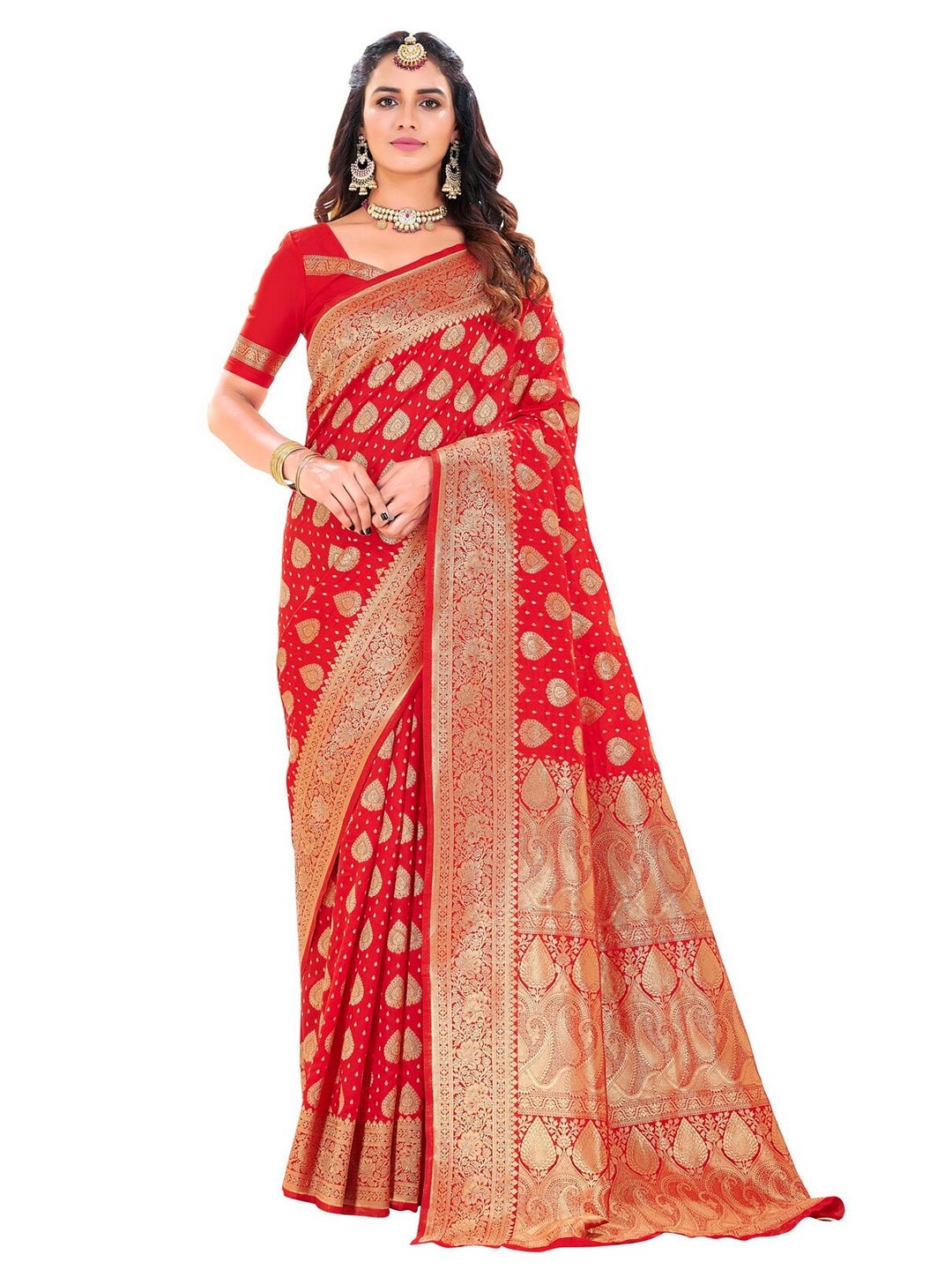 

SARIYA Red & Gold-Toned Floral Zari Silk Blend Banarasi Saree