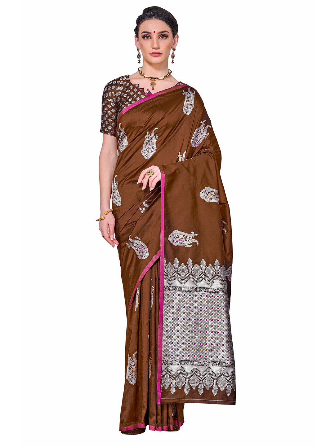 

SARIYA Brown & Silver-Toned Paisley Zari Silk Blend Banarasi Saree