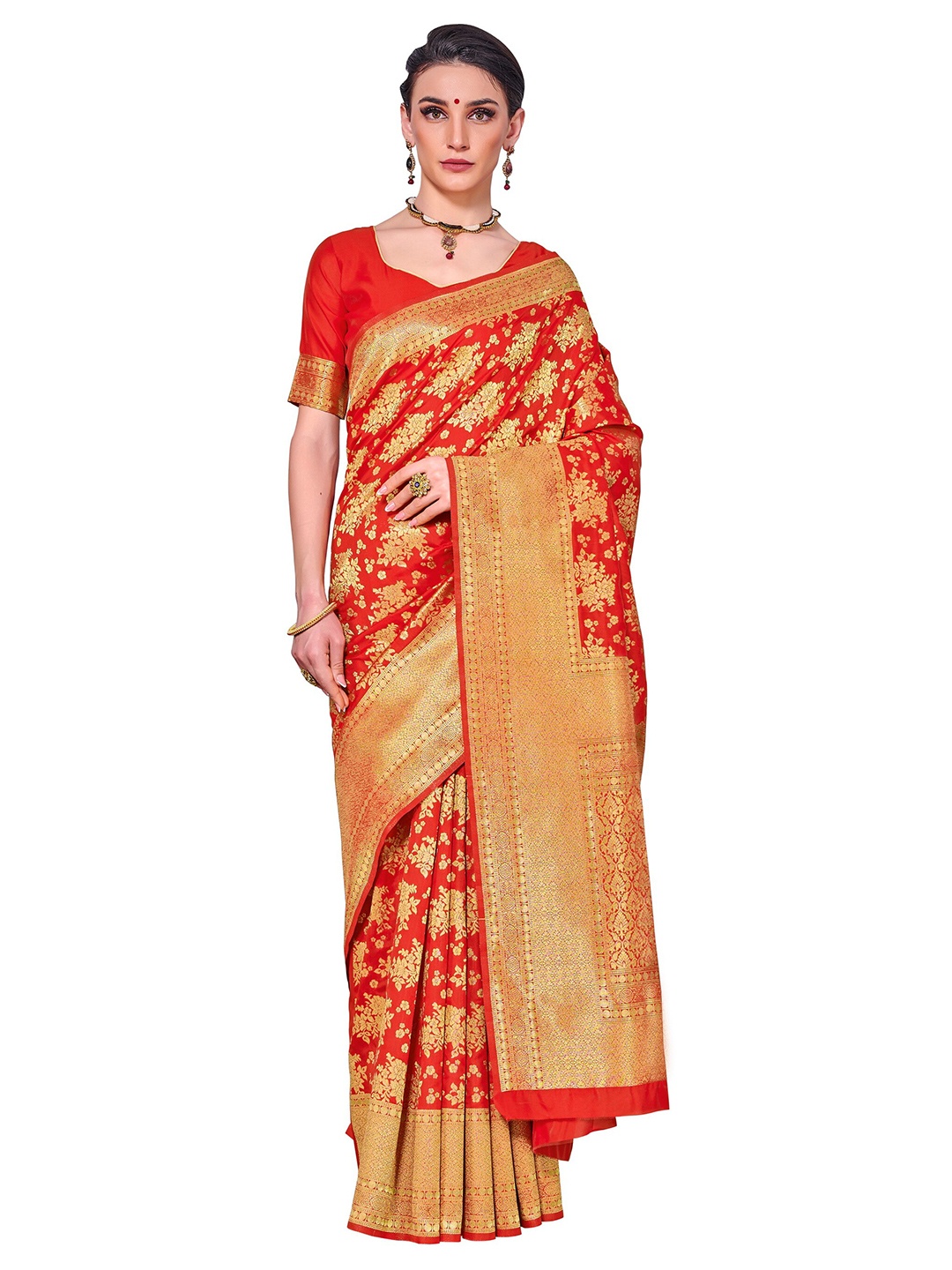 

SARIYA Red & Gold-Toned Ethnic Motifs Zari Silk Blend Banarasi Saree