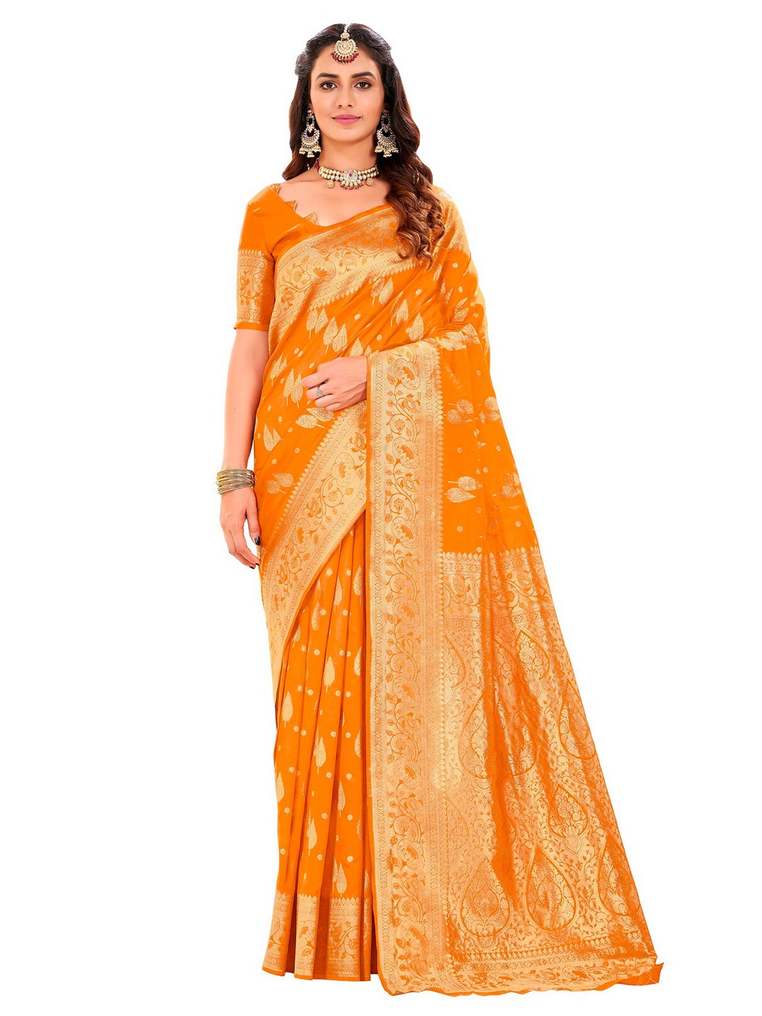 

SARIYA Mustard & Gold-Toned Ethnic Motifs Zari Silk Blend Banarasi Saree
