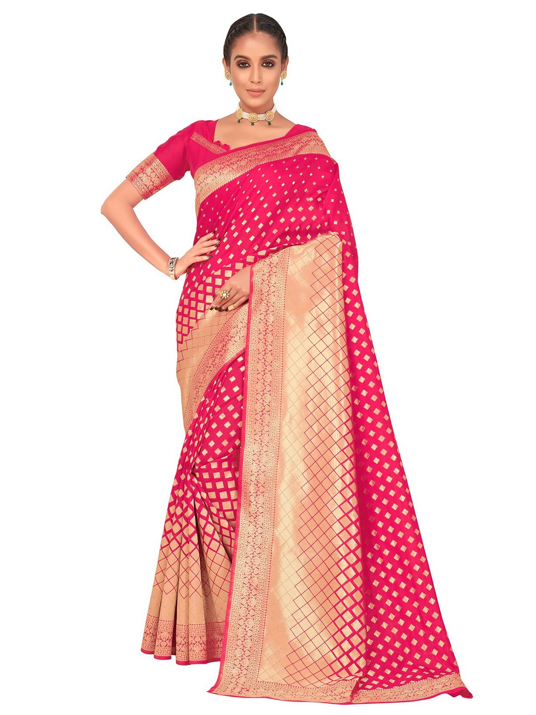 

SARIYA Pink & Gold-Toned Banarasi Ethnic Printed Zari Silk Blend Saree
