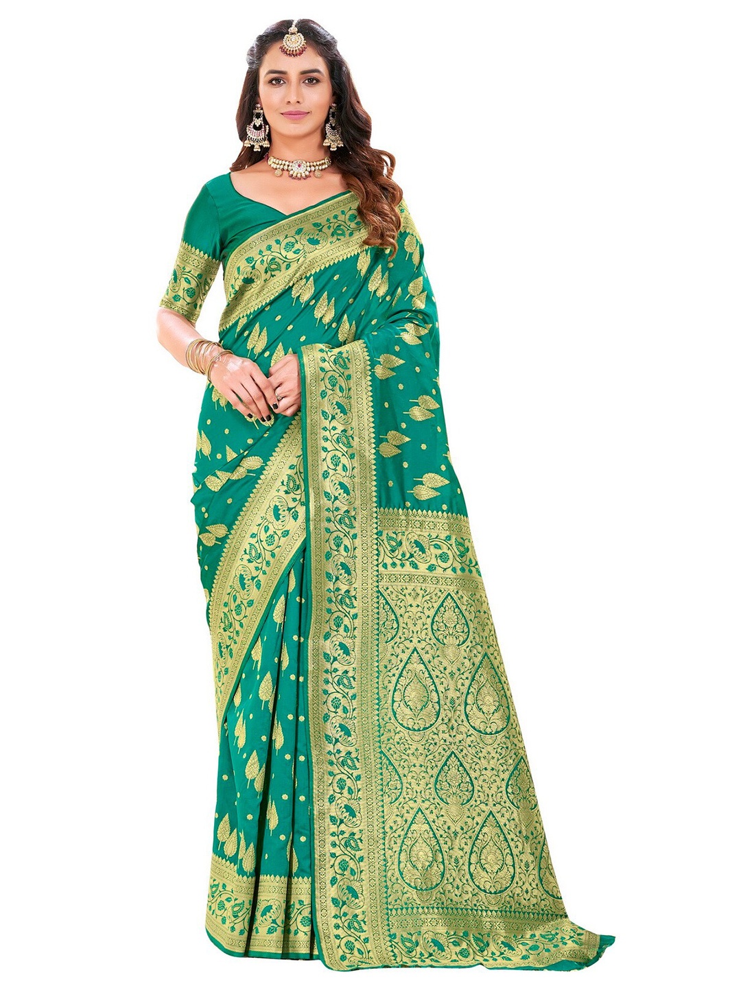 

SARIYA Women Teal & Gold-Toned Ethnic Motifs Zari Silk Blend Banarasi Saree