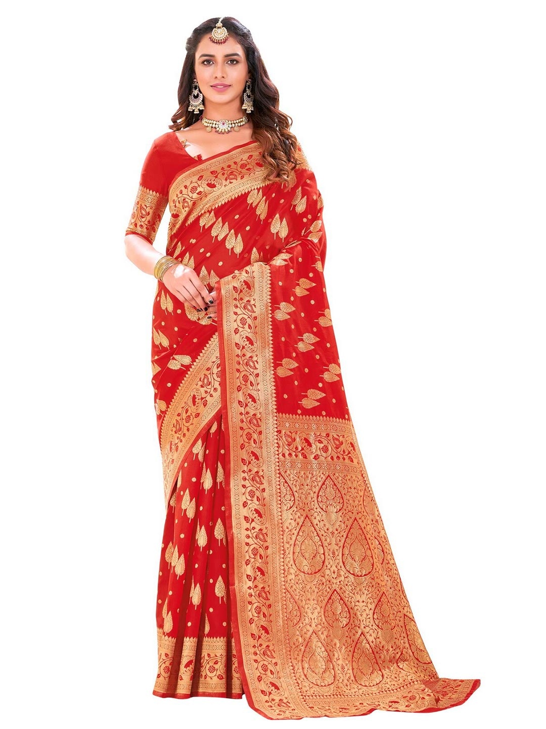 

SARIYA Red & Gold-Toned Floral Zari Silk Blend Banarasi Saree