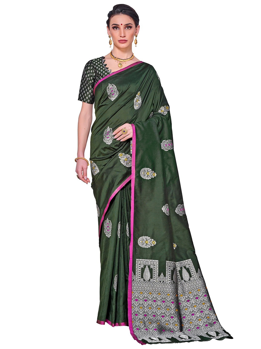 

SARIYA Lime Green & Silver-Toned Floral Zari Silk Blend Banarasi Saree