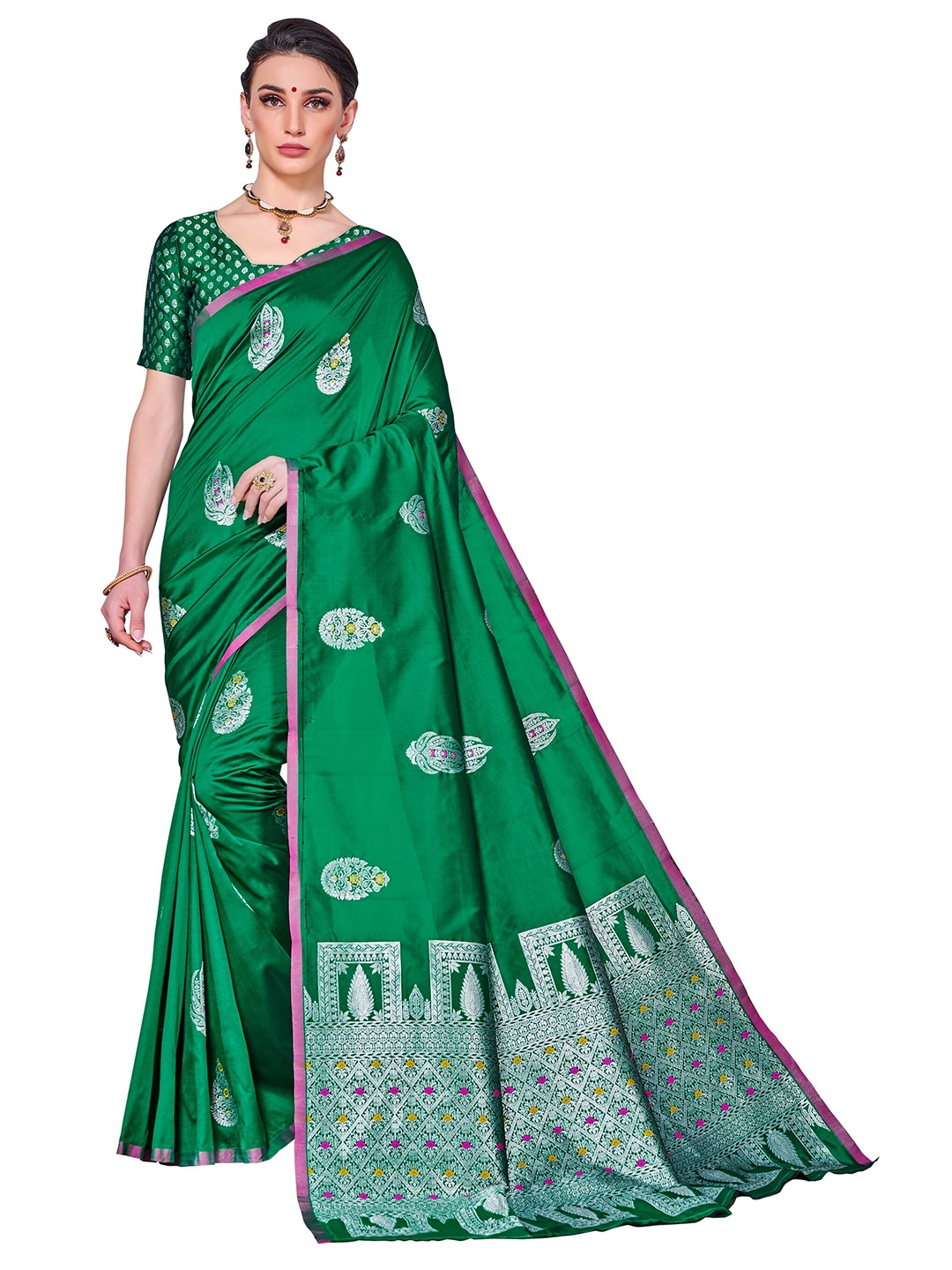 

SARIYA Green & Silver-Toned Floral Silk Blend Banarasi Saree