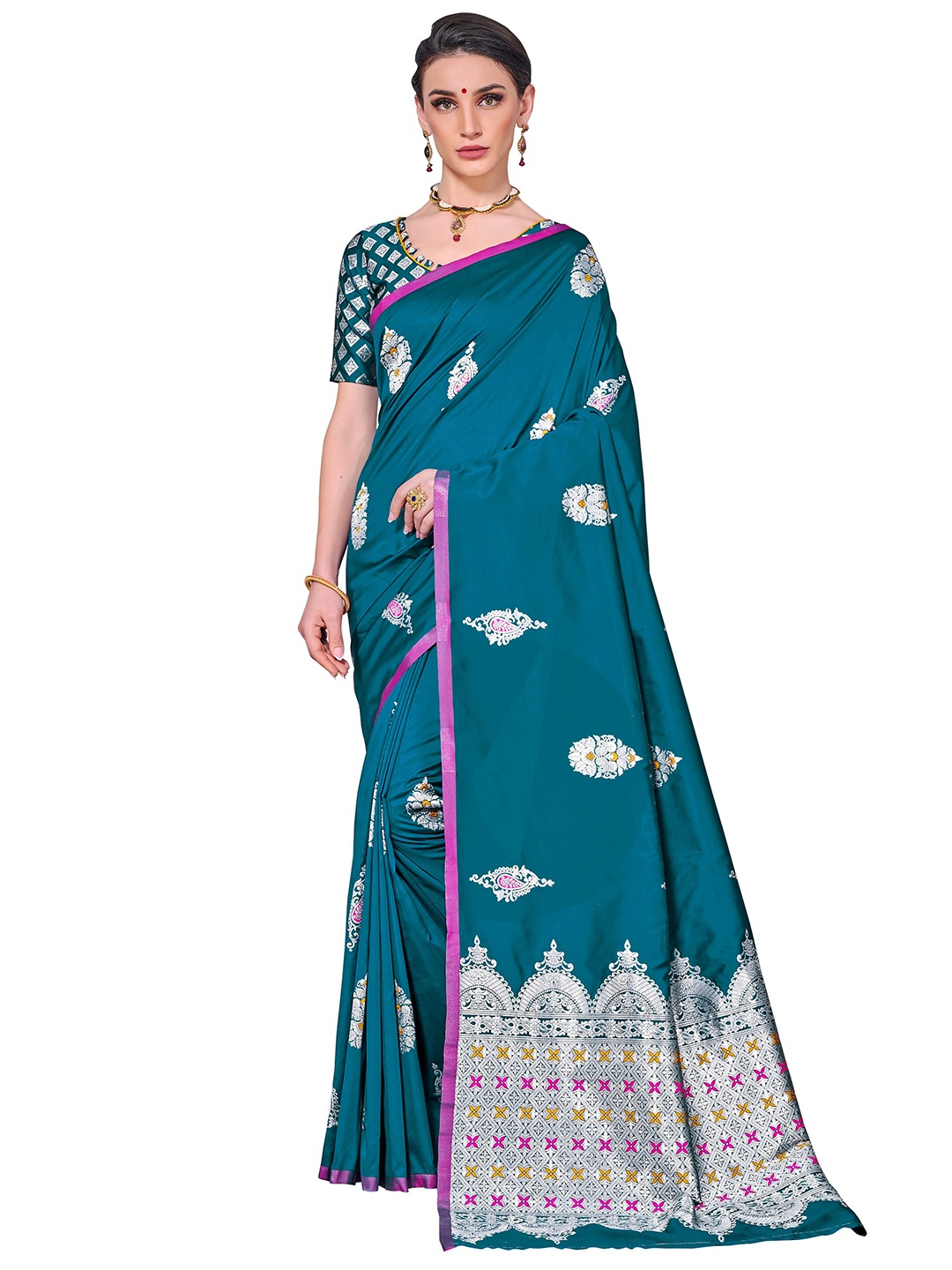 

SARIYA Turquoise Blue & Silver-Toned Floral Silk Blend Banarasi Saree