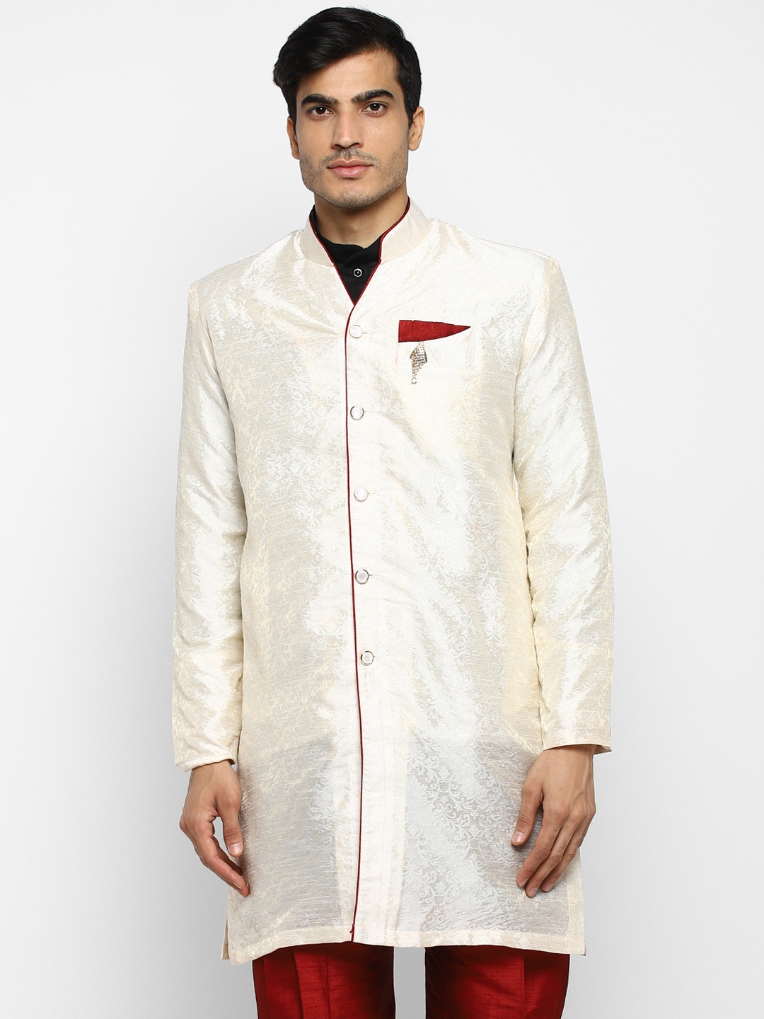 

ROYAL KURTA Men Cream-Coloured Summer Sheers Silk Floral Print Kurta