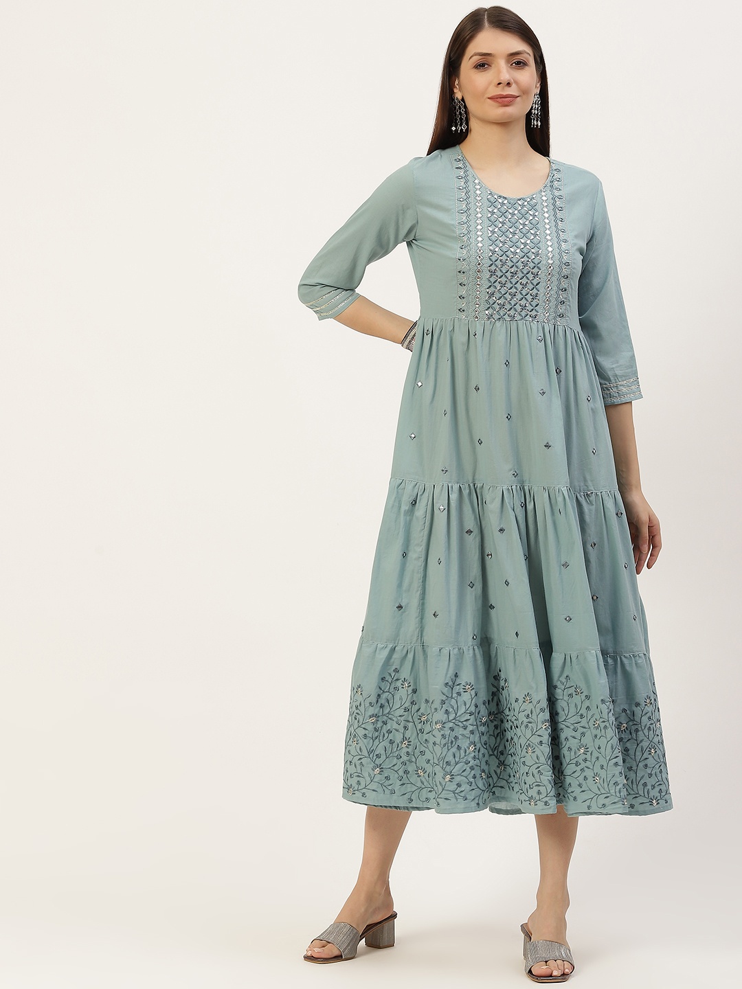 

YELLOW CLOUD Blue Ethnic Motifs Yoke Design Tiered Pure Cotton A-Line Ethnic Dress