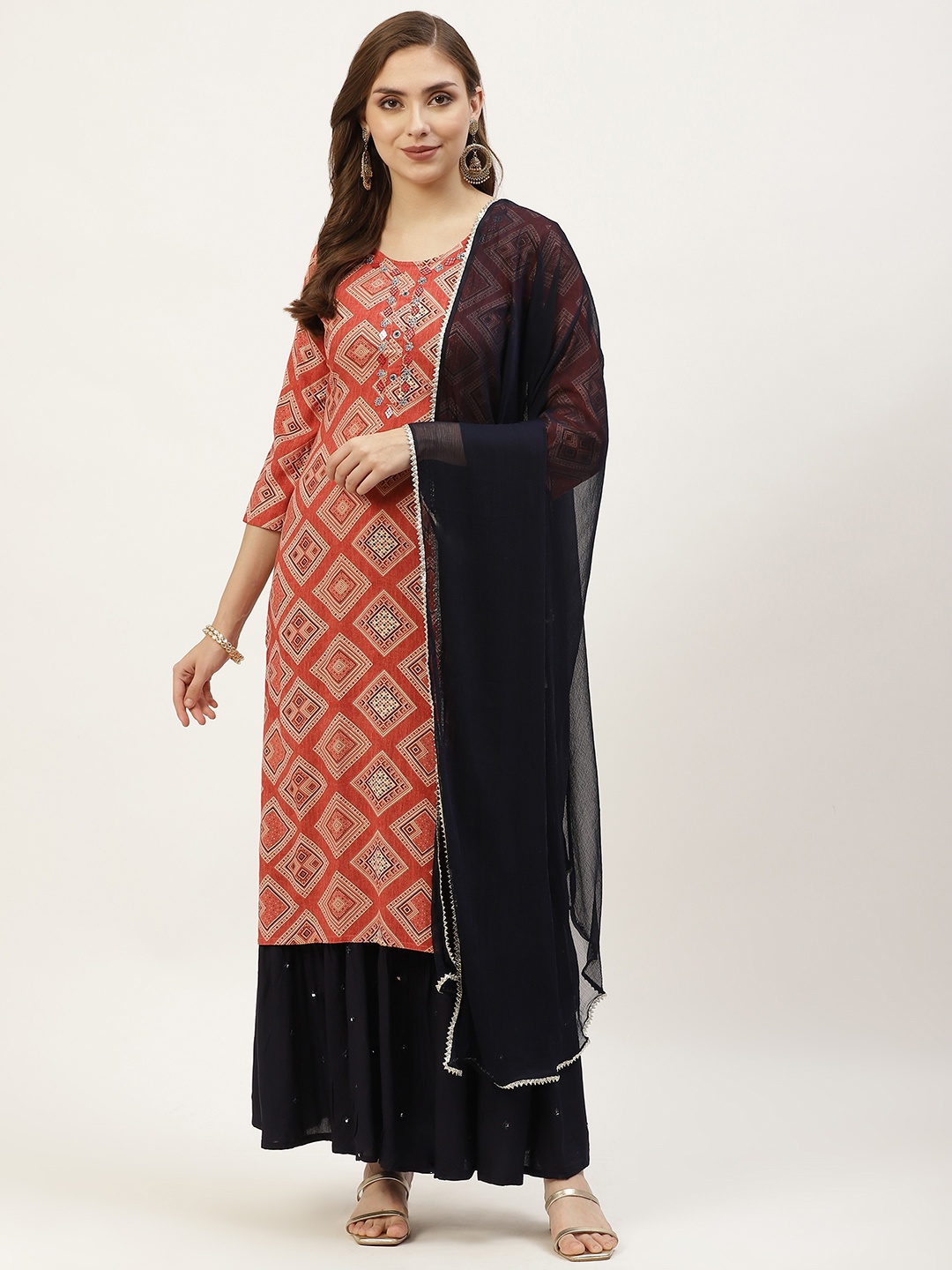 

YELLOW CLOUD Women Rust Red Ethnic Motifs Printed Kurta with Skirt & Dupatta