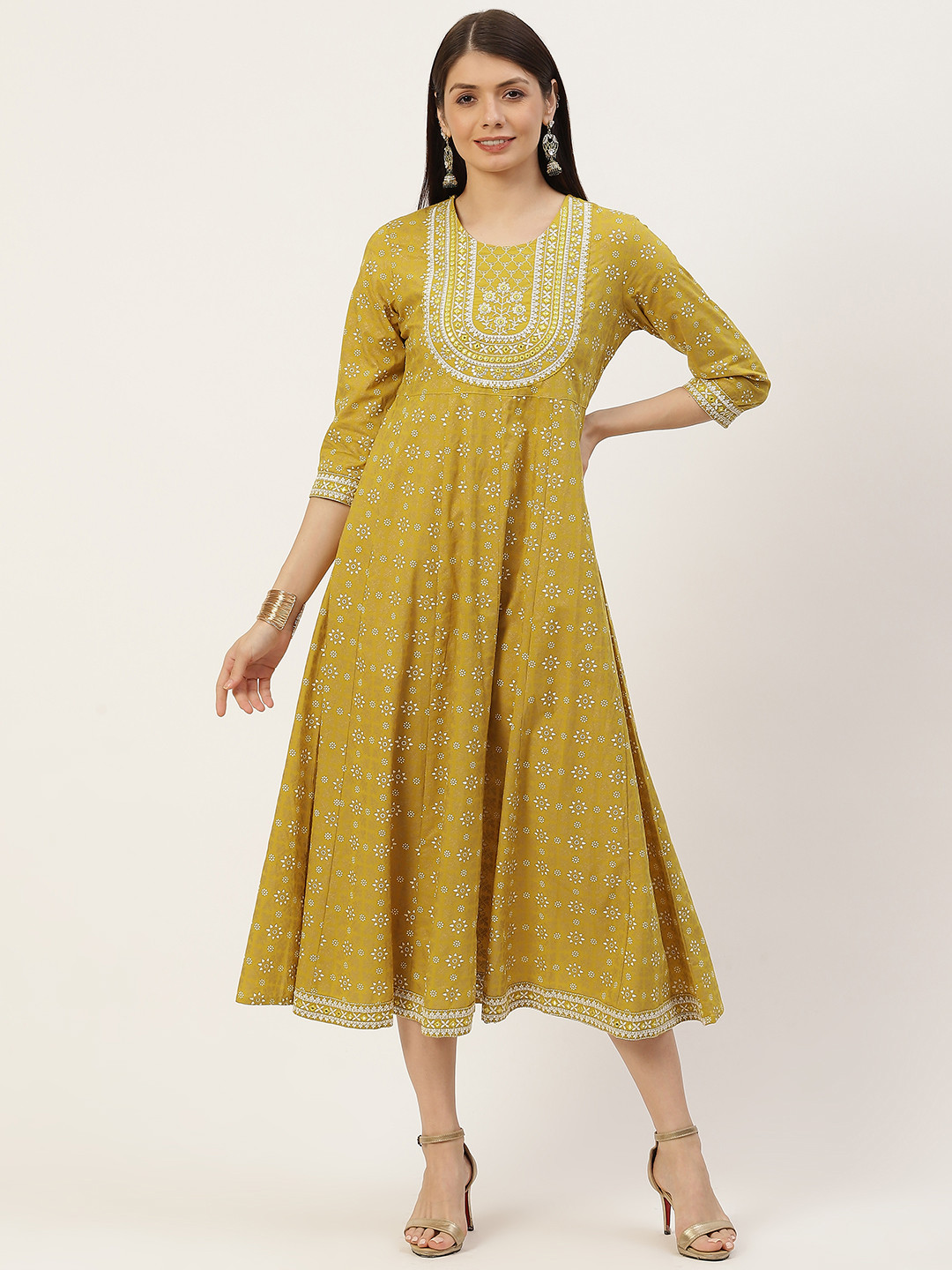

YELLOW CLOUD Mustard Yellow Ethnic Motifs Printed Pure Cotton Anarkali Ethnic Dress
