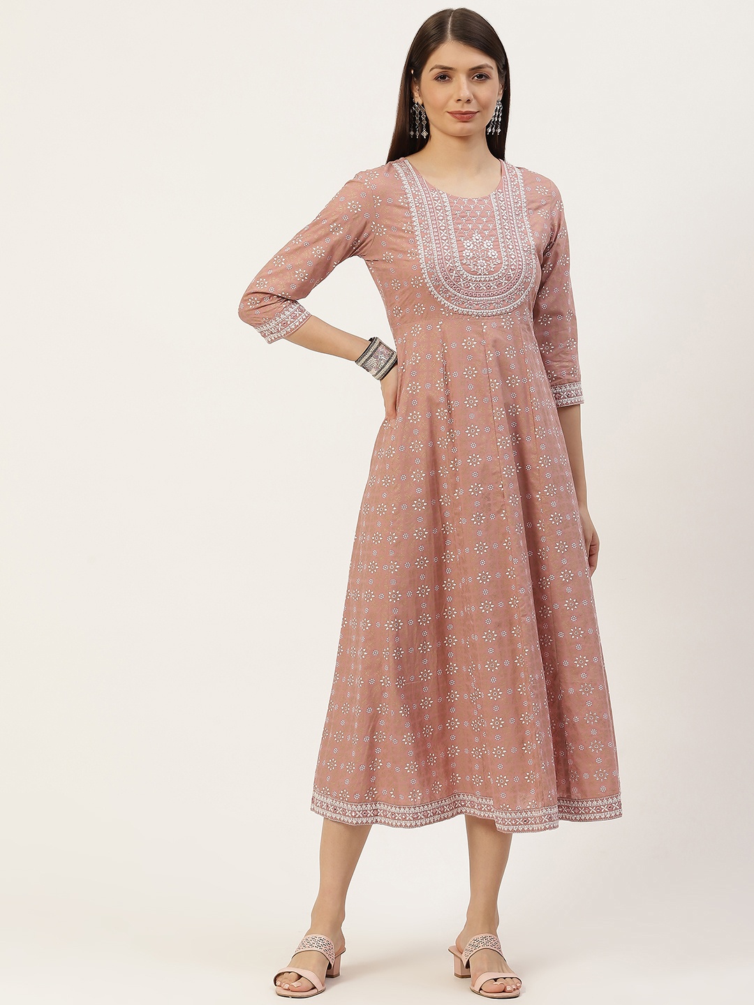 

YELLOW CLOUD Dusty Pink Ethnic Motifs Printed Pure Cotton Anarkali Ethnic Dress, Rose