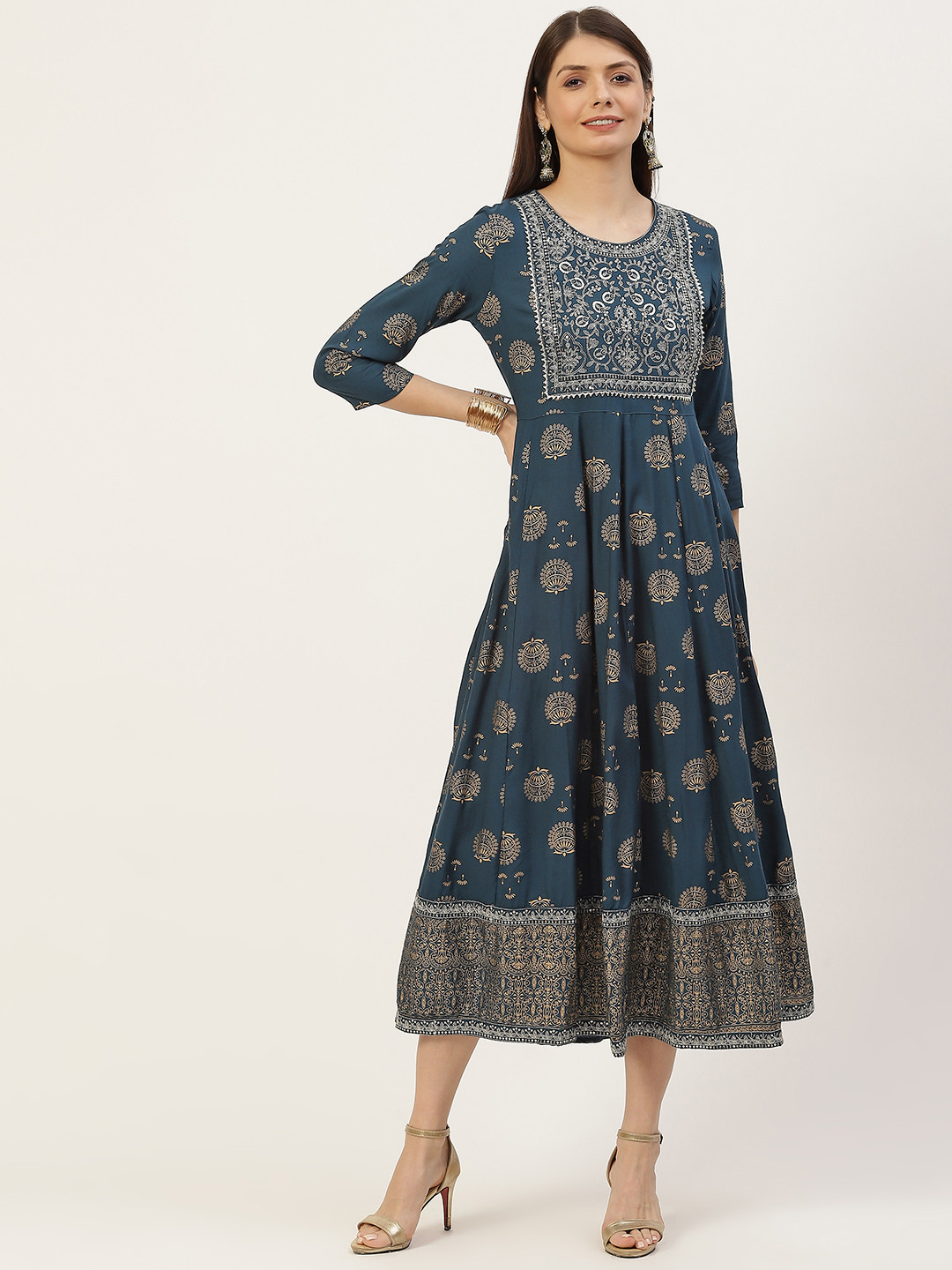 

YELLOW CLOUD Teal Blue Ethnic Motifs Printed Anarkali Ethnic Dress