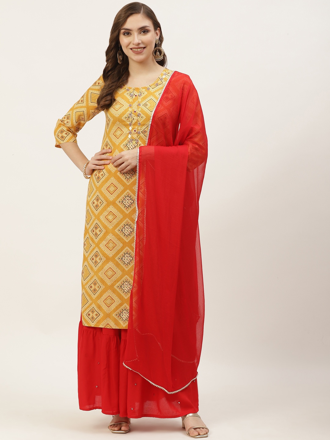 

YELLOW CLOUD Women Mustard Yellow Ethnic Motifs Printed Kurta with Skirt & With Dupatta