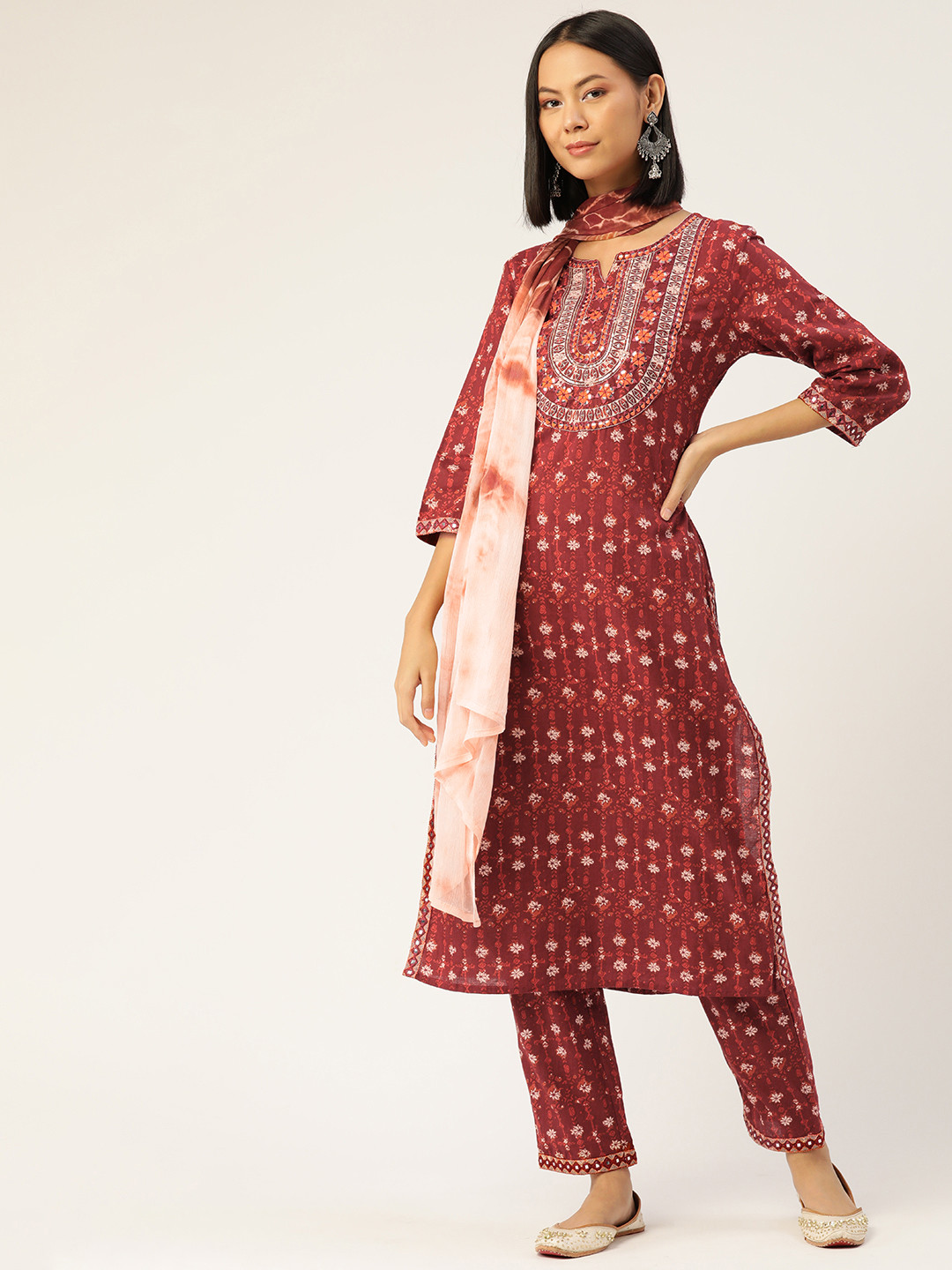 

YELLOW CLOUD Women Maroon Ethnic Motifs Yoke Design Cotton Kurta with Trousers & Dupatta