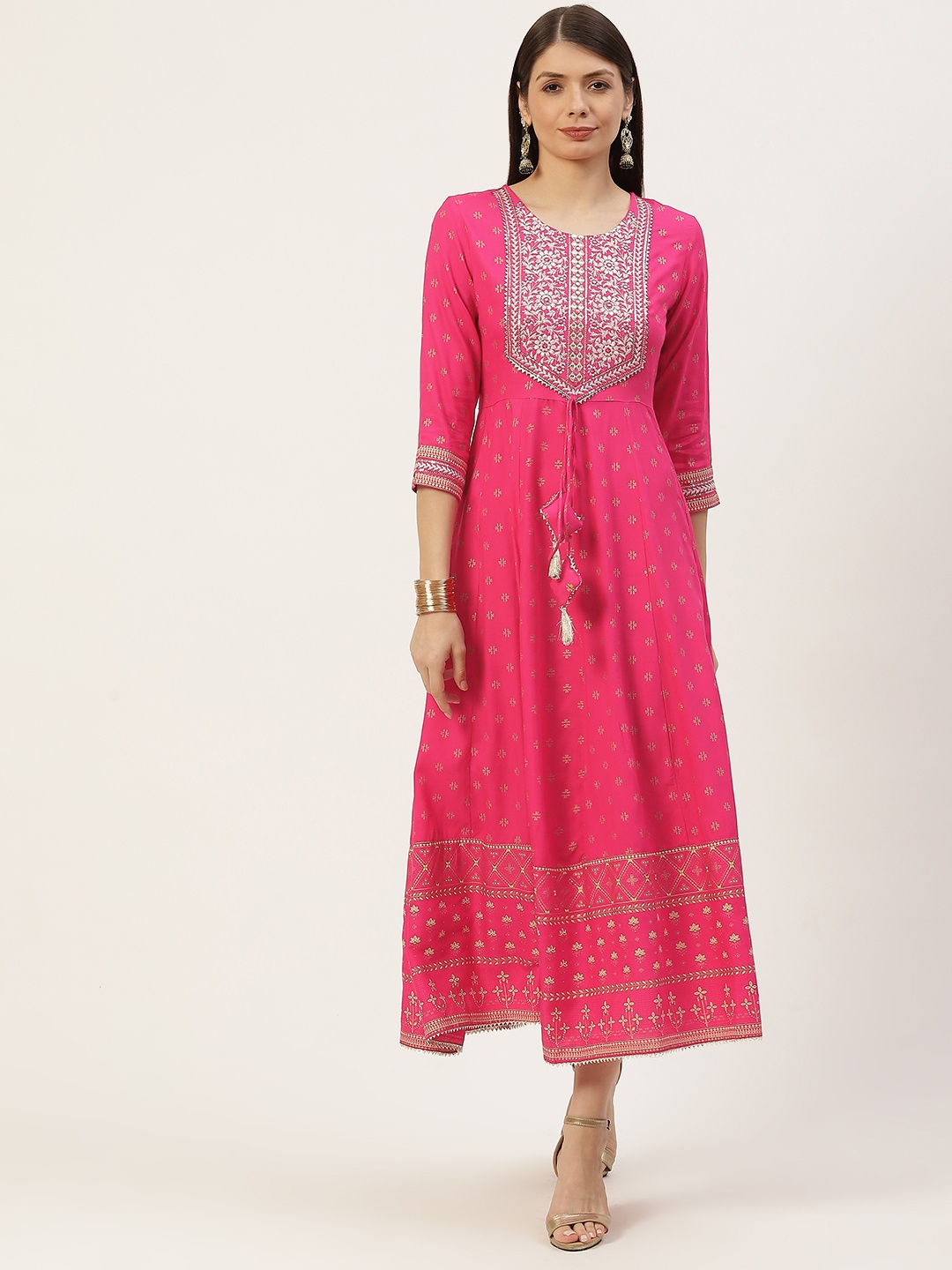 

YELLOW CLOUD Pink & Golden Ethnic Motifs Embroidered Yoke Design Anarkali Ethnic Dress