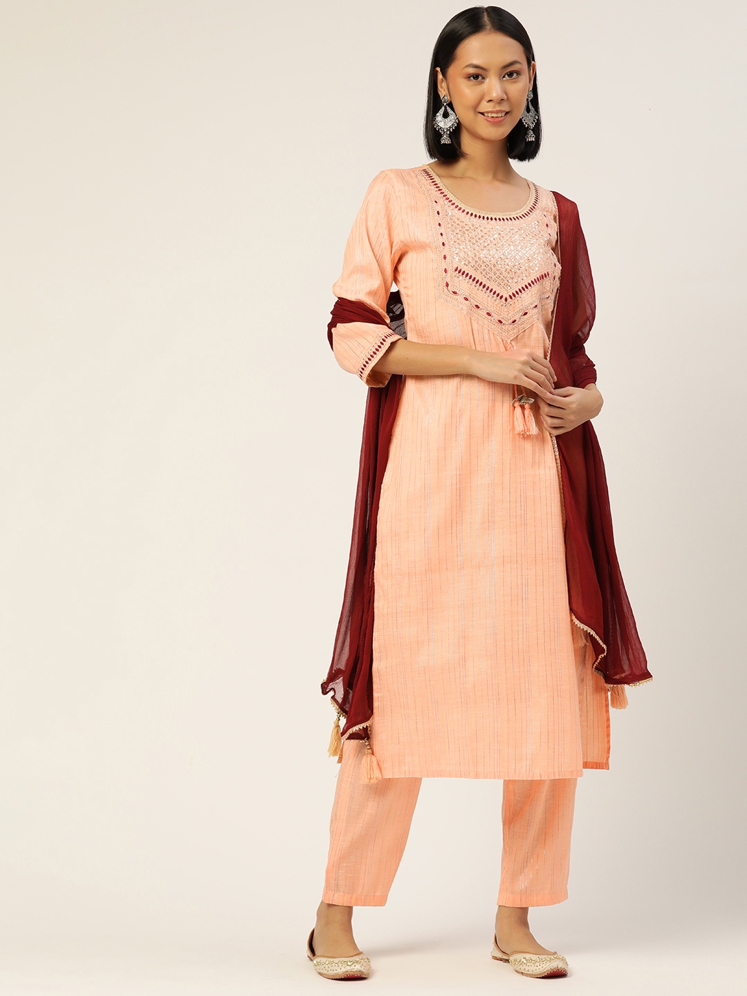 

YELLOW CLOUD Women Peach-Coloured Ethnic Motifs Yoke Design Kurta with Trousers & Dupatta
