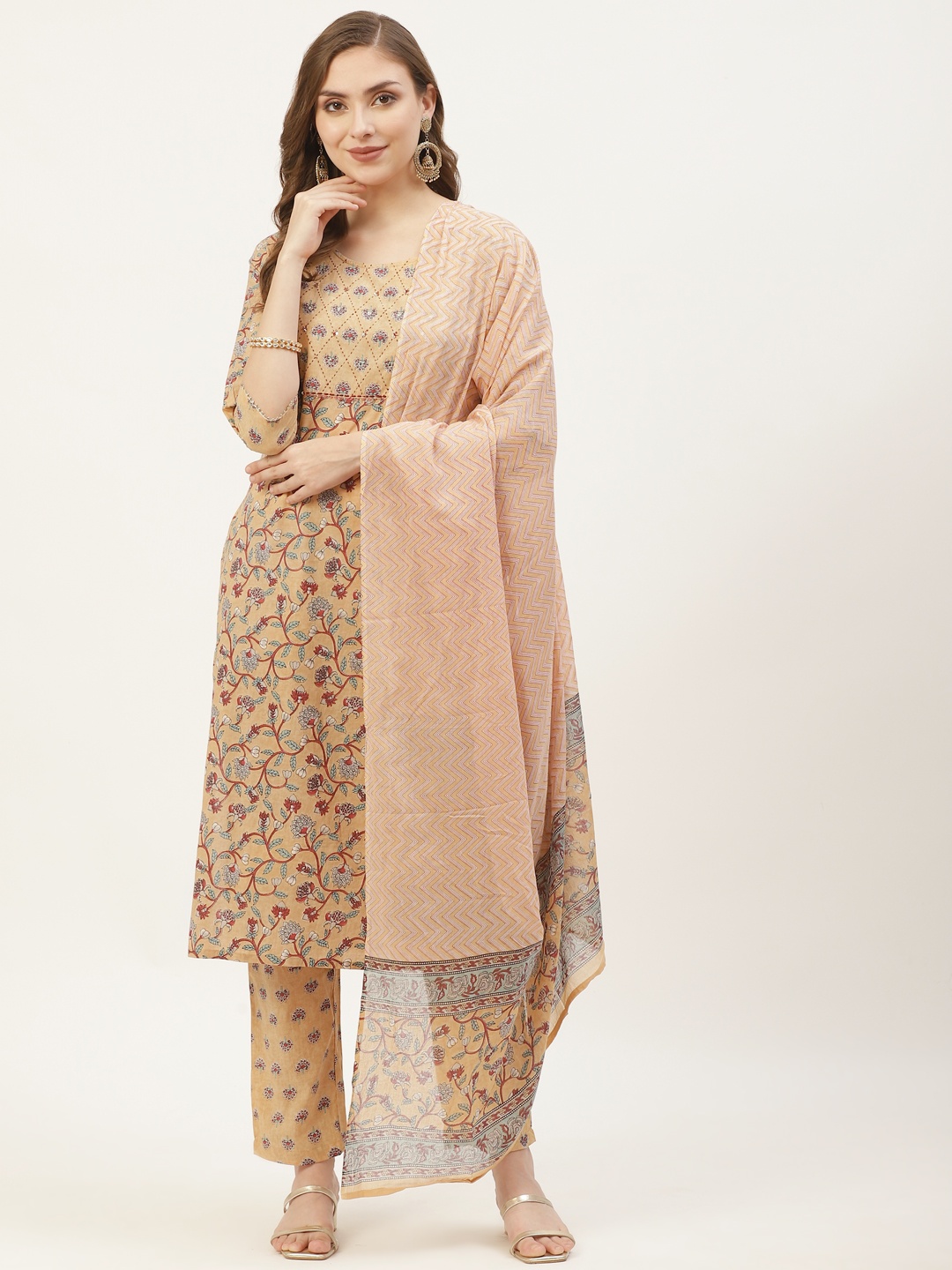 

YELLOW CLOUD Women Beige Ethnic Motifs Printed Pure Cotton Kurta with Trousers & Dupatta