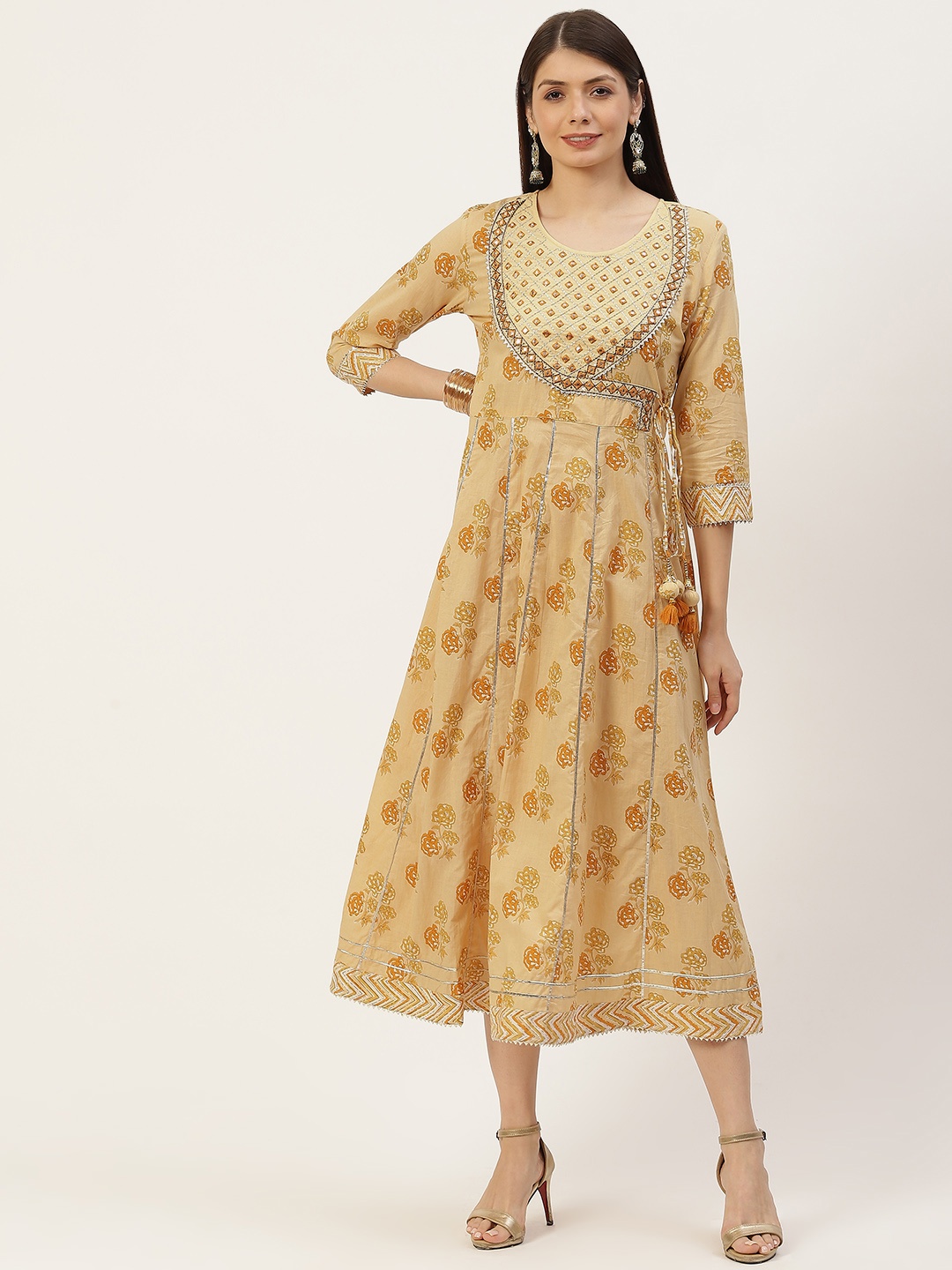 

YELLOW CLOUD Beige Ethnic Motifs Printed Pure Cotton Angrakha Ethnic Dress