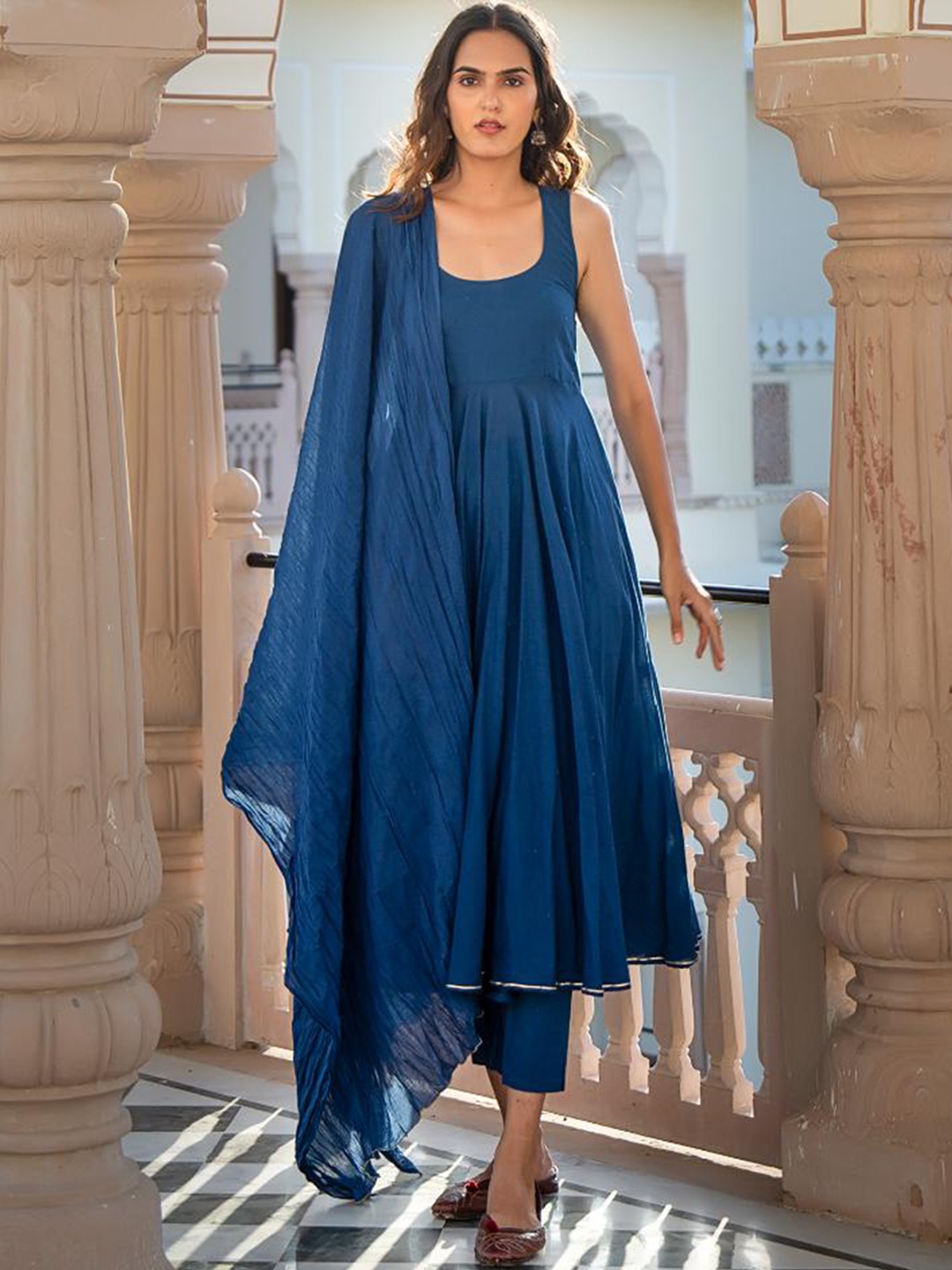 

Baisacrafts Women Blue Solid Gotta Patti Pure Cotton Kurta Trousers With Dupatta