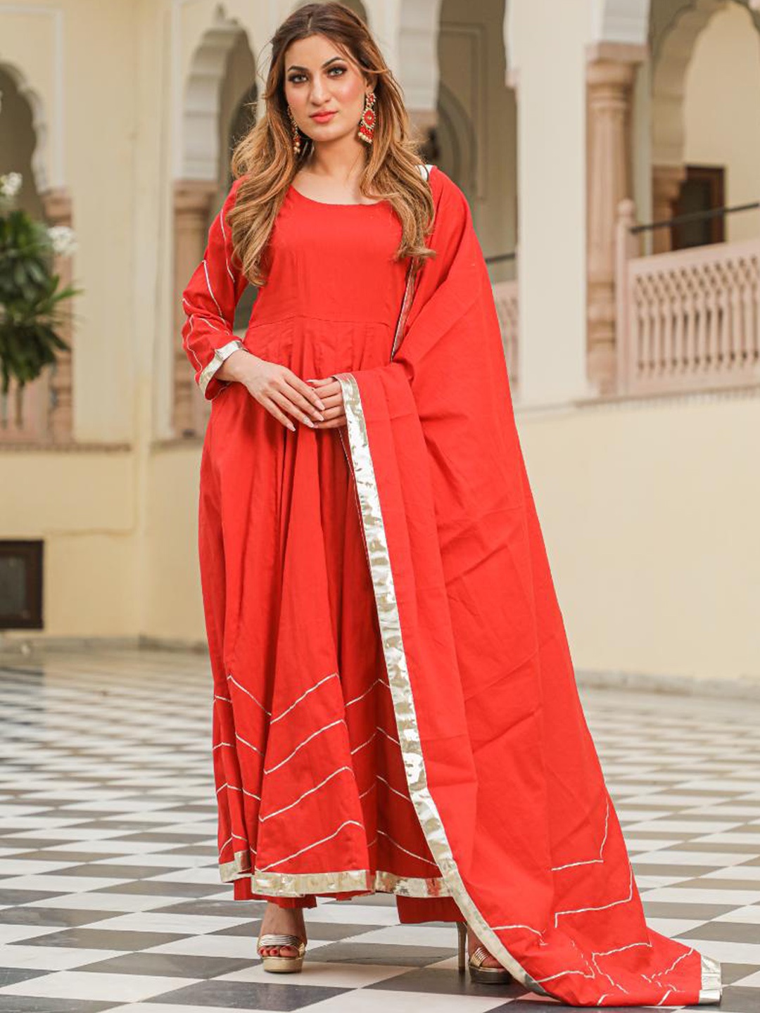 

Baisacrafts Women Red Gotapatti Pure Cotton Kurta with Trouser & Dupatta