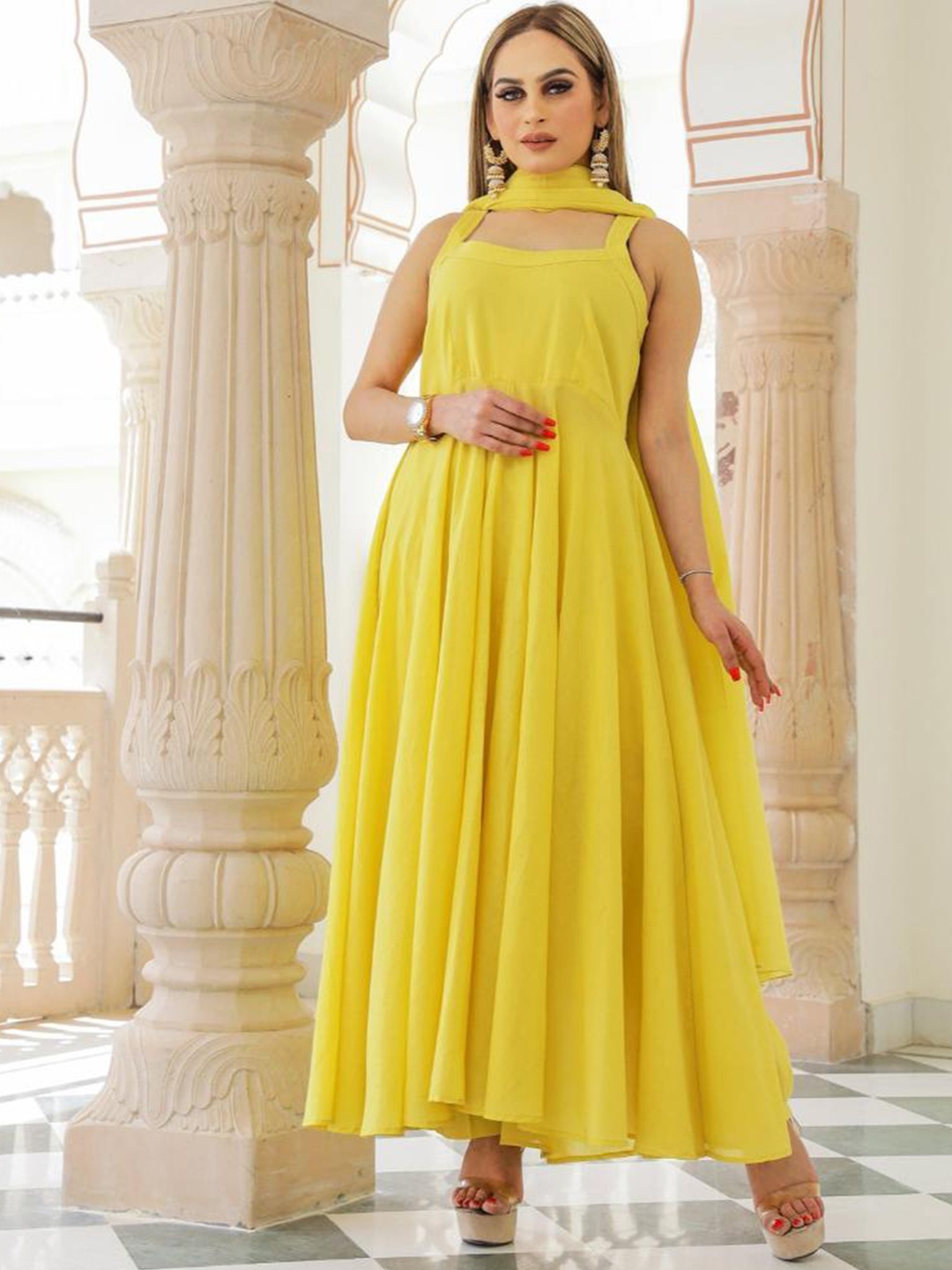 

Baisacrafts Women Mustard Solid Umbrella Pure Cotton Kurta Trousers With Dupatta