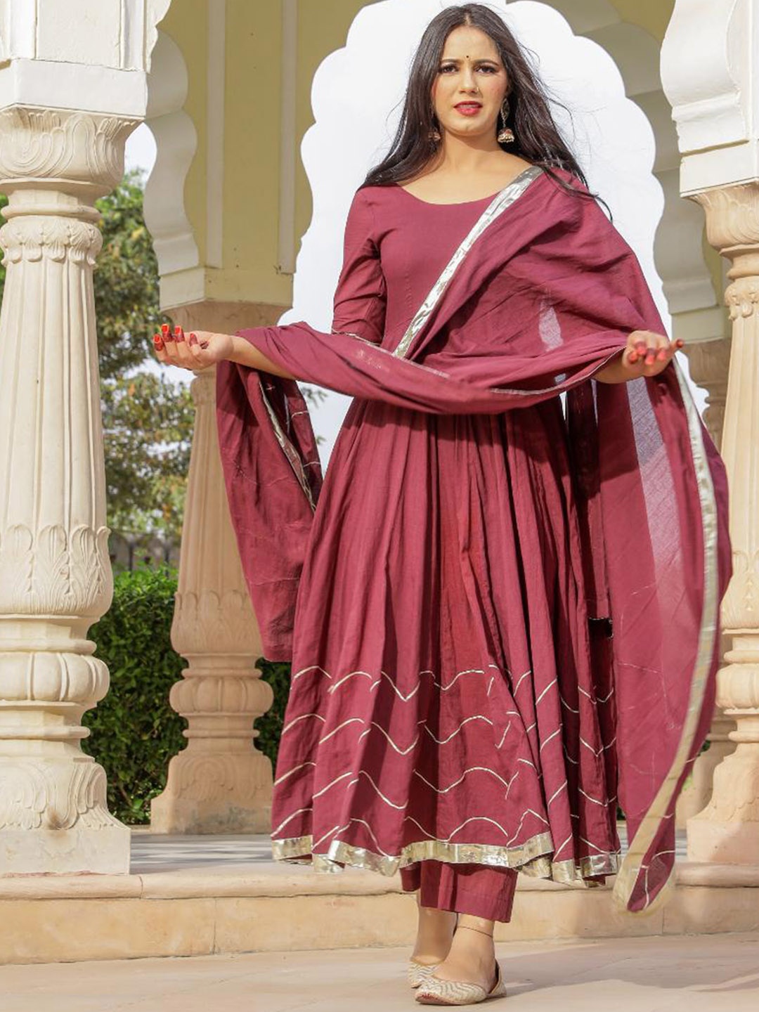

Baisacrafts Women Maroon Gotta Patti work Pure Cotton Kurta Trousers With Dupatta
