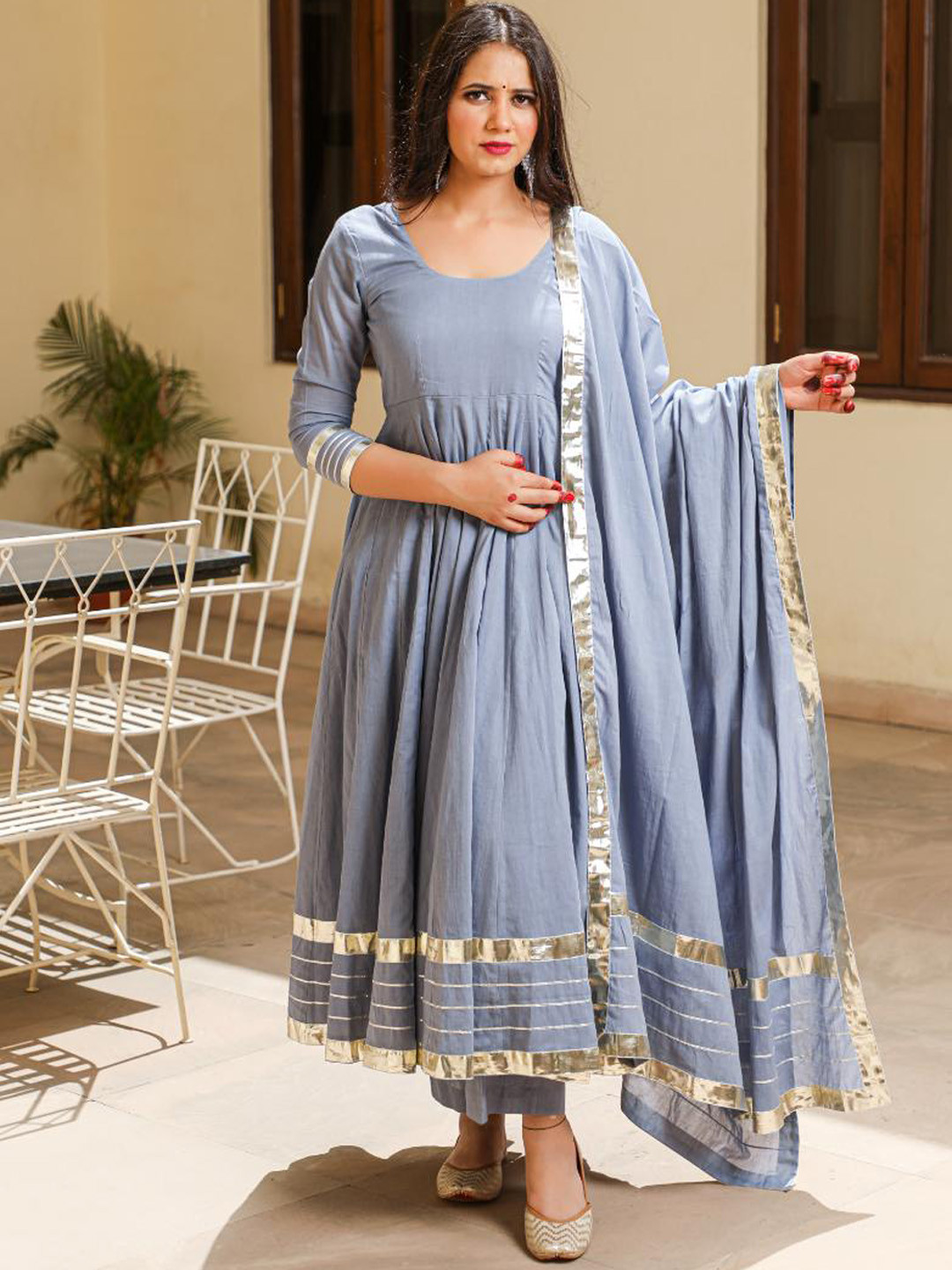 

Baisacrafts Women Grey Empire Gotta Patti Pure Cotton Kurta with Trousers & With Dupatta