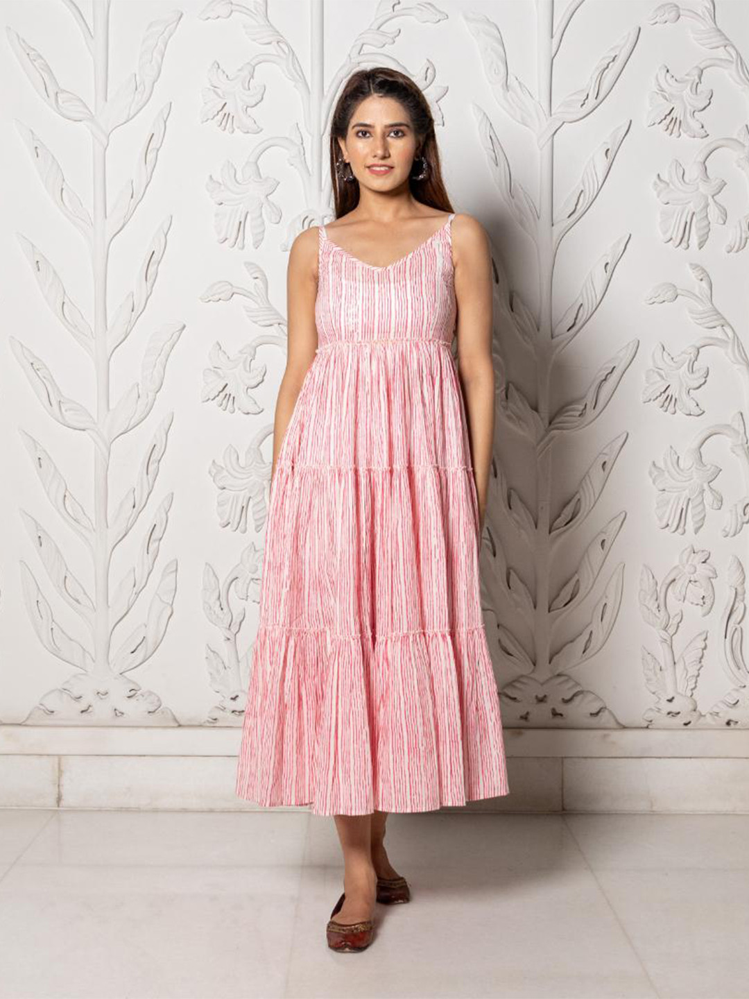 

Baisacrafts Pink & White Striped Tiered Maxi Dress