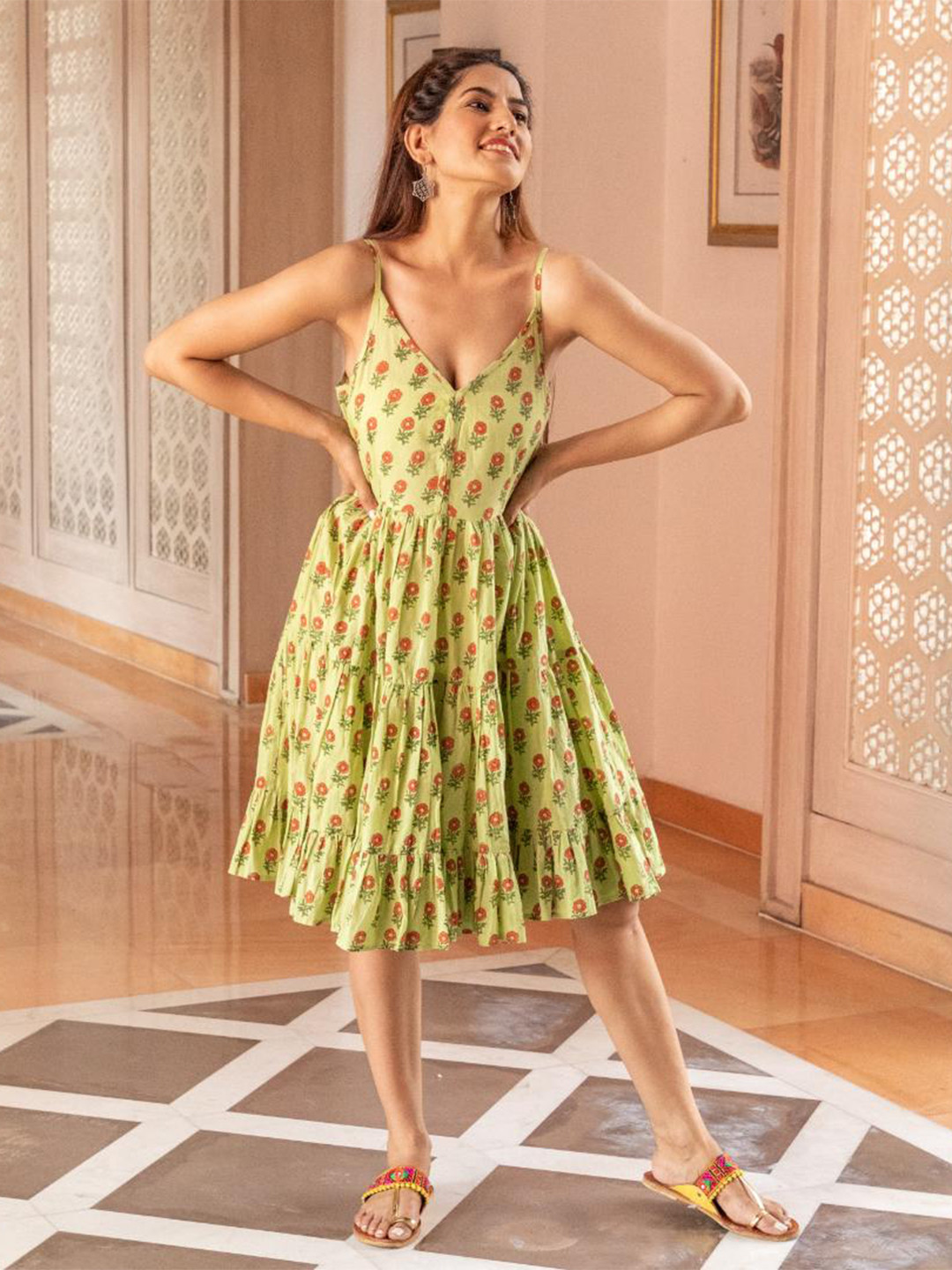 

Baisacrafts Women Lime Green Fit And Flare Midi Dress
