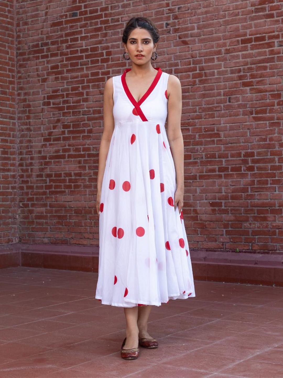 

Baisacrafts Women White & Red Polka Dot A-Line Midi Dress