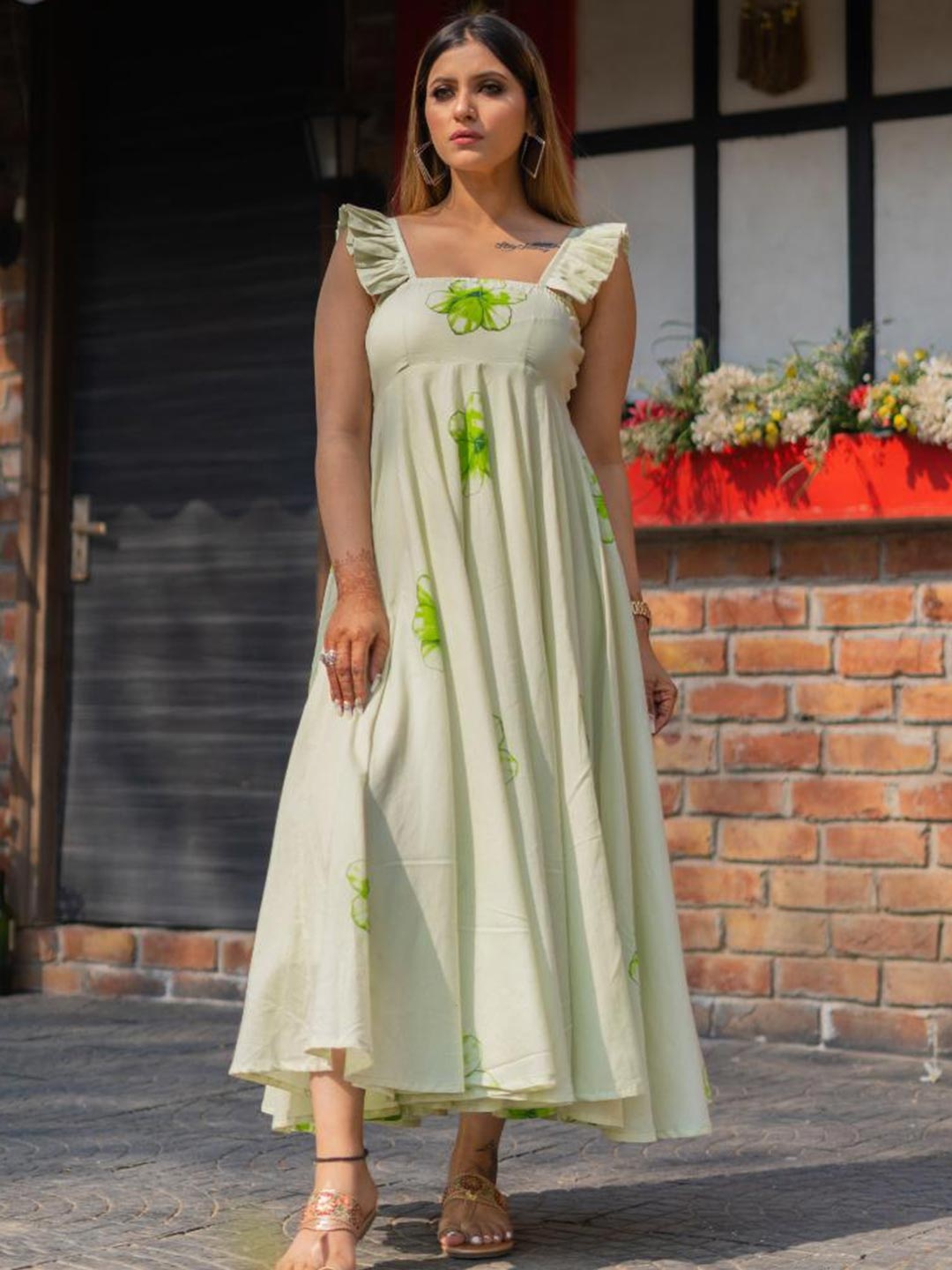 

Baisacrafts Lime Green Floral Maxi Dress