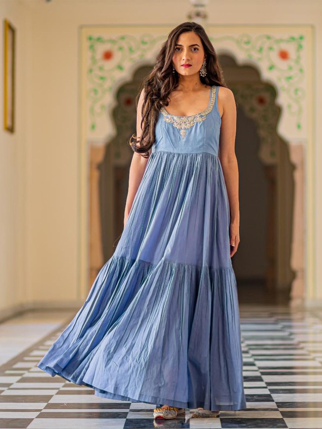 

Baisacrafts Grey Hand Embroidery Ethnic Maxi Dress, Blue