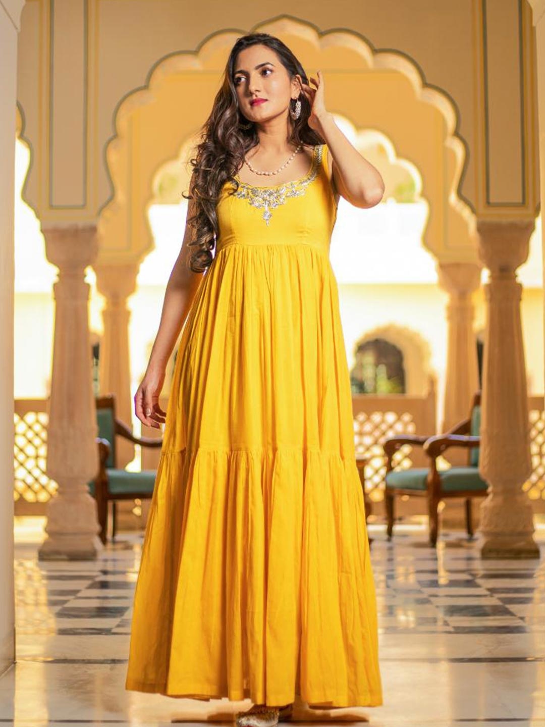 

Baisacrafts Yellow Floral Embroidered Cotton Tiered Ethnic Maxi Dress