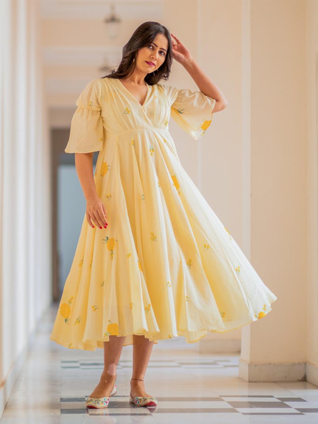

Baisacrafts Yellow Floral Cotton Tiered Midi Dress