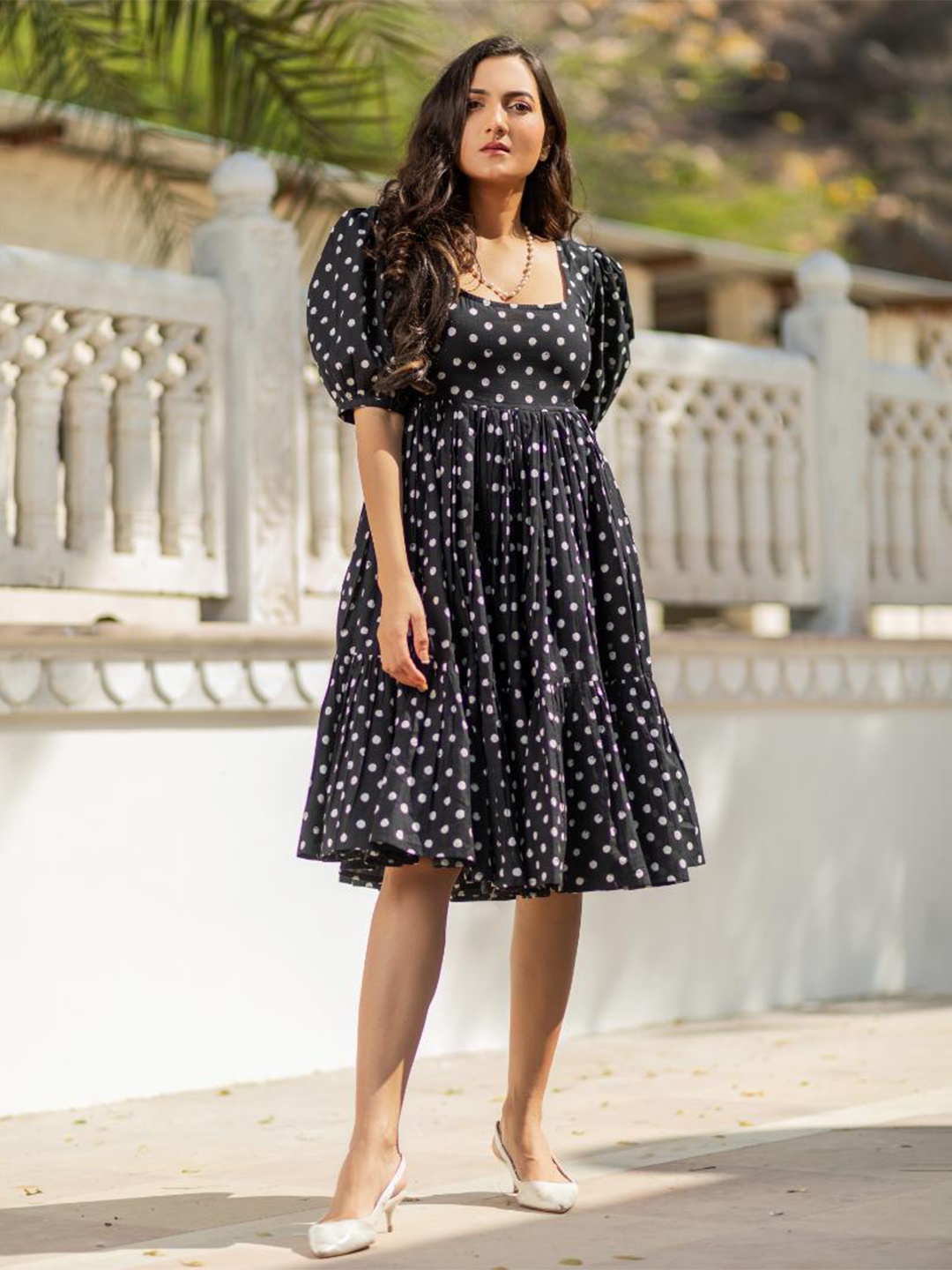 

Baisacrafts Black & White Polka Dot Tiered Cotton Dress