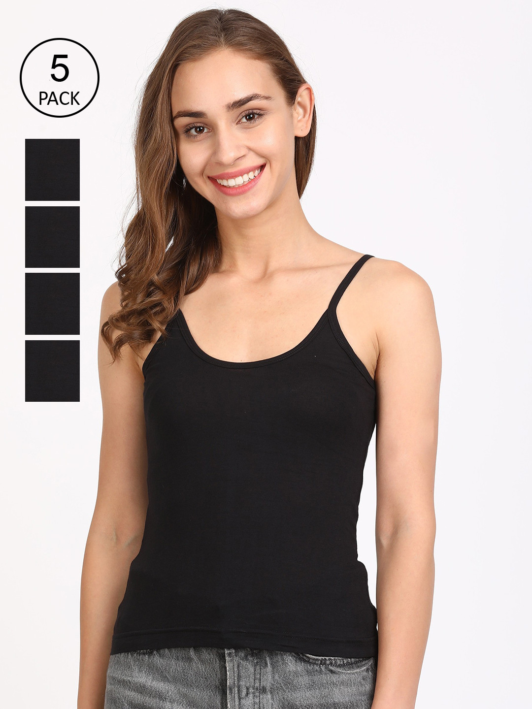 

JON Women Pack Of 5 White Solid Cotton Camisoles, Black