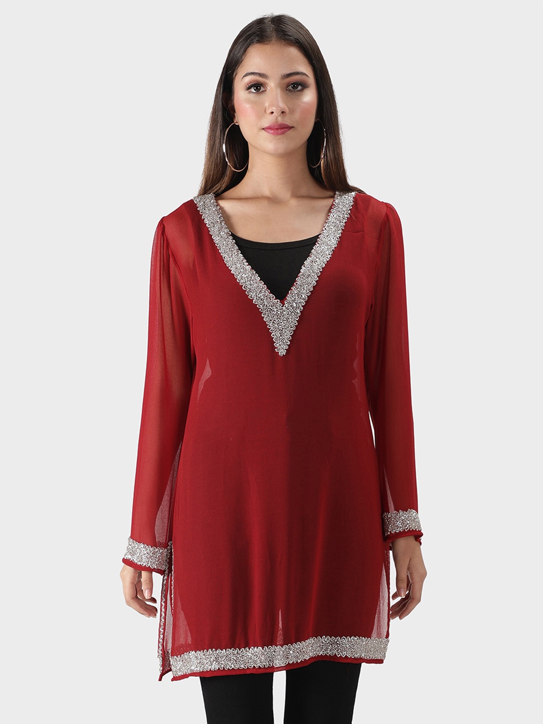 

DEBONATELLA Maroon Georgette Longline sequined Top
