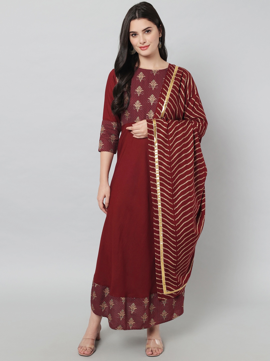 

VASTRAMANIAA Women Maroon Printed Flared Sleeves Anarkali Kurta
