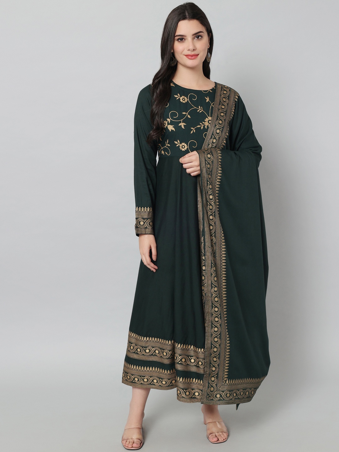 

VASTRAMANIAA Women Olive Green Paisley Embellished Flared Sleeves Floral Anarkali Kurta